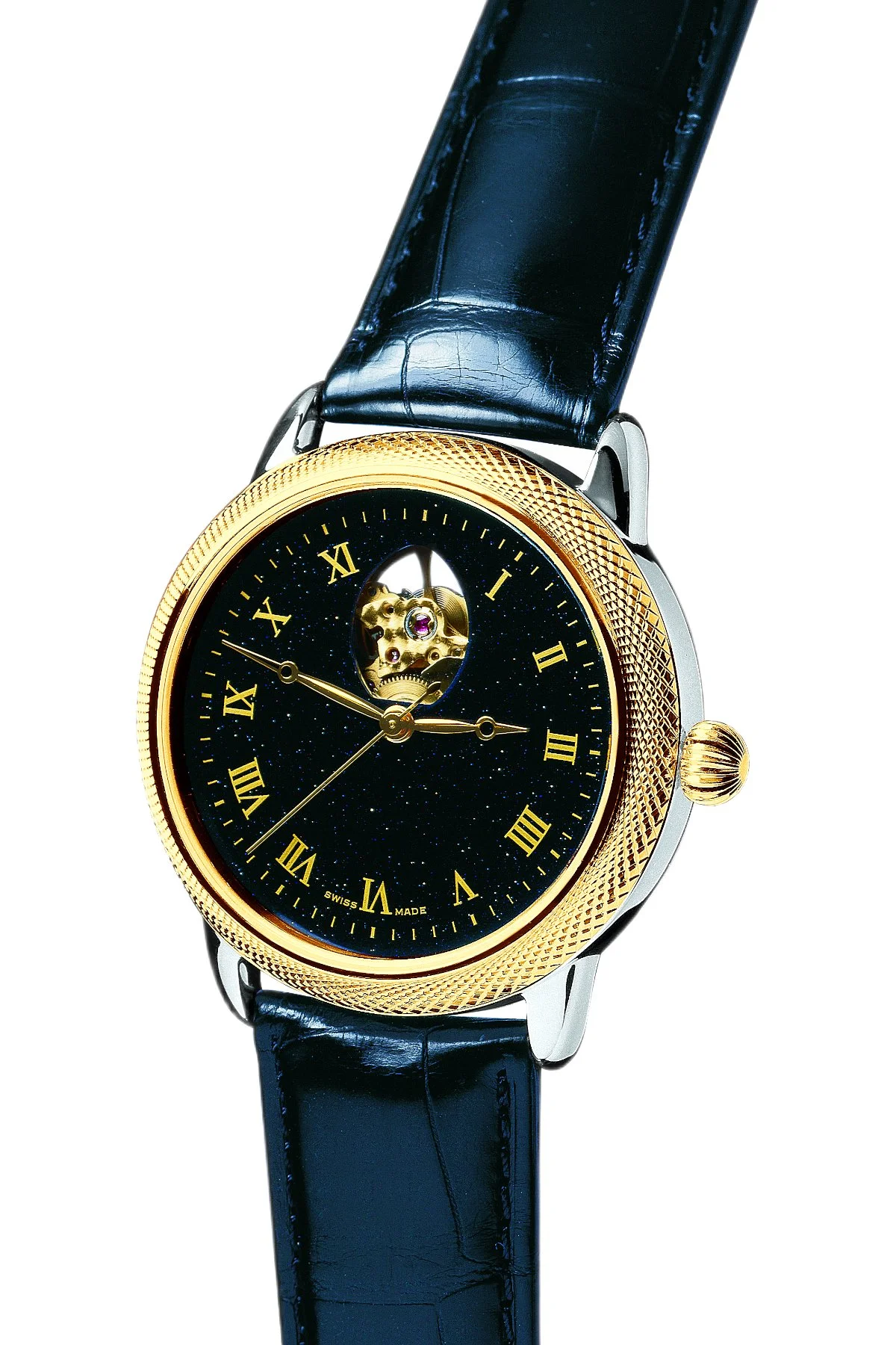Theo Fabergé Series 4 chronometer model TF404 featuring 18 kt yellow gold bezel, sterling silver case and stellar goldstone dial with the iconic Fabergé egg cut-out aperture.