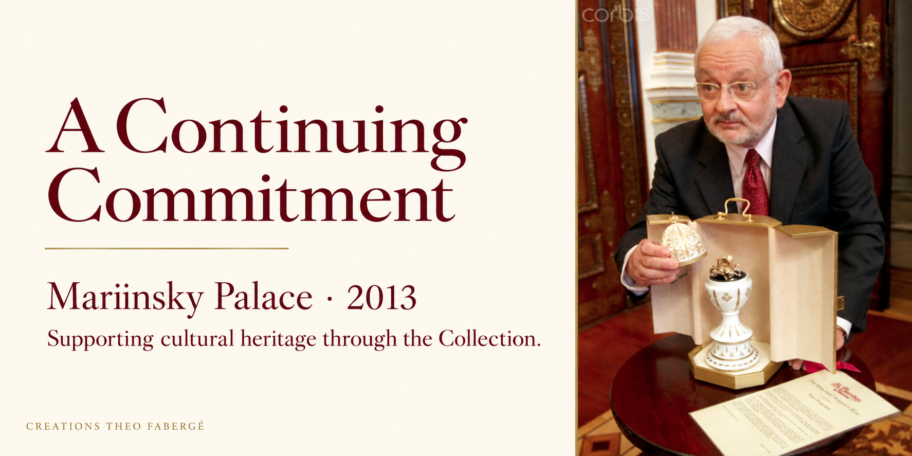 Philip Birkenstein displaying the open Mariinsky Romanov Egg in its gold presentation case at the Mariinsky Palace in 2013.