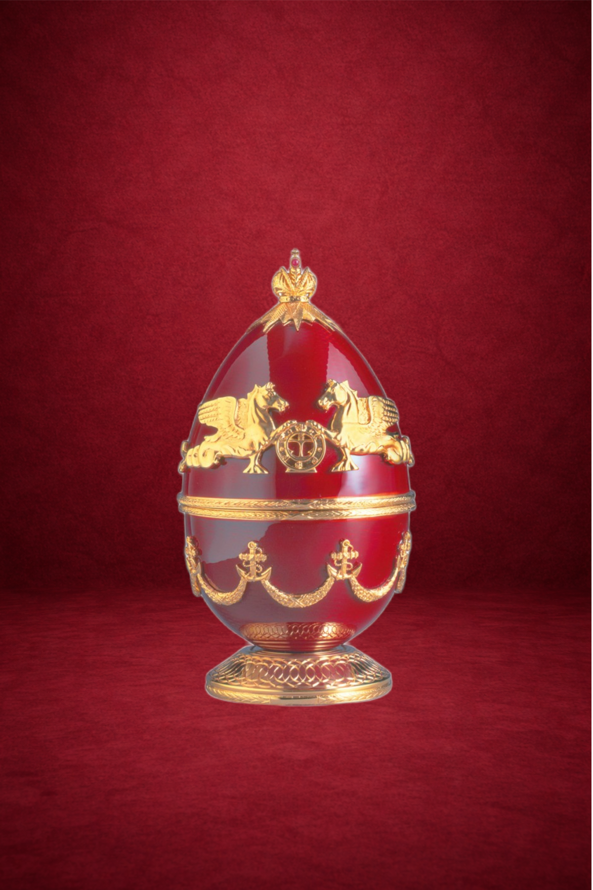Peter the Great Egg creation by Theo Fabergé inspired by Russian religious iconography with gold and enamel craftsmanship.