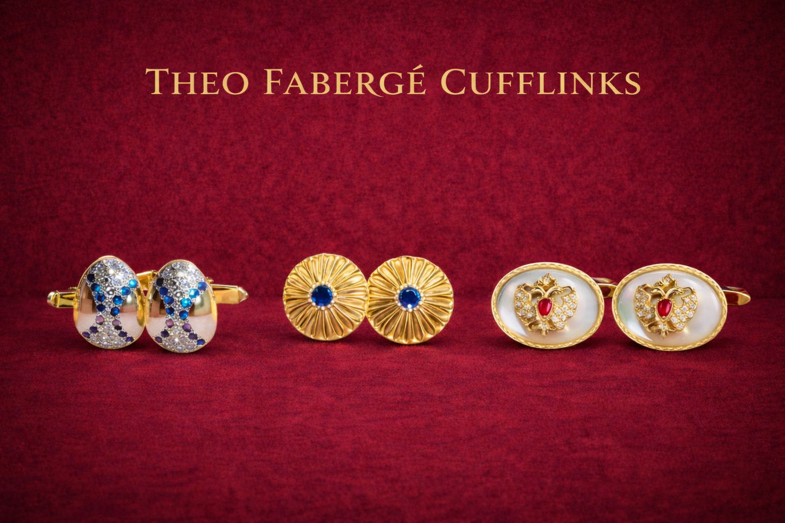 Collection of Theo Fabergé cufflinks featuring gold, enamel and gemstone designs inspired by the Fabergé tradition.