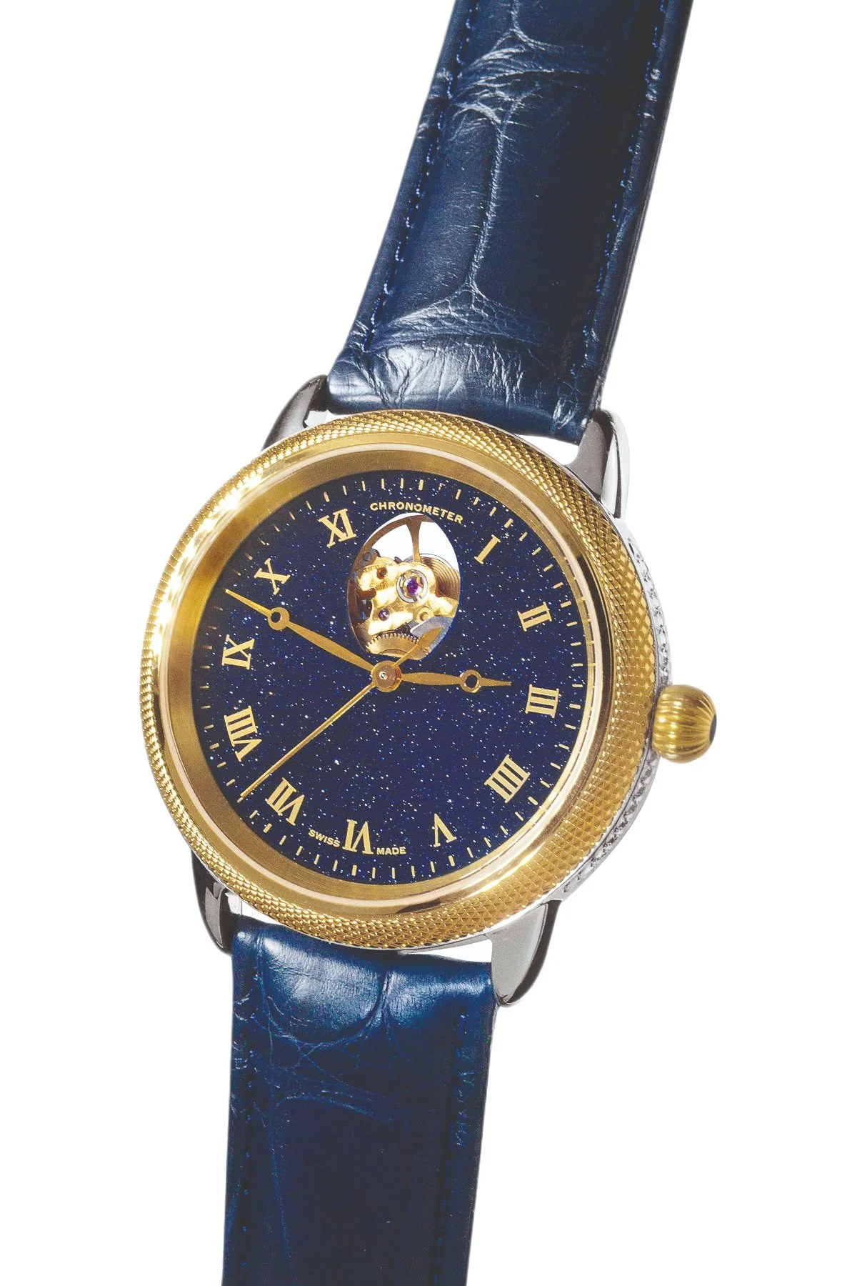 Series 4 Model 408, a Swiss-made Theo Fabergé watch in 18-carat yellow gold and sterling silver.