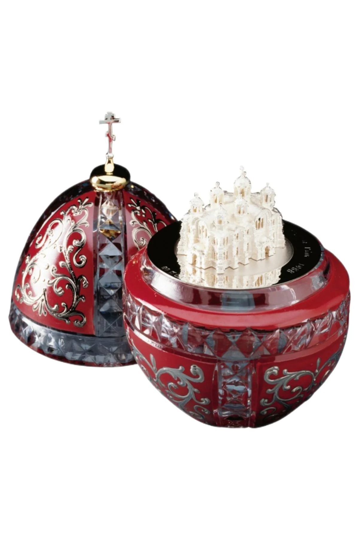 St Vladimir Egg open to reveal its handcrafted surprise.