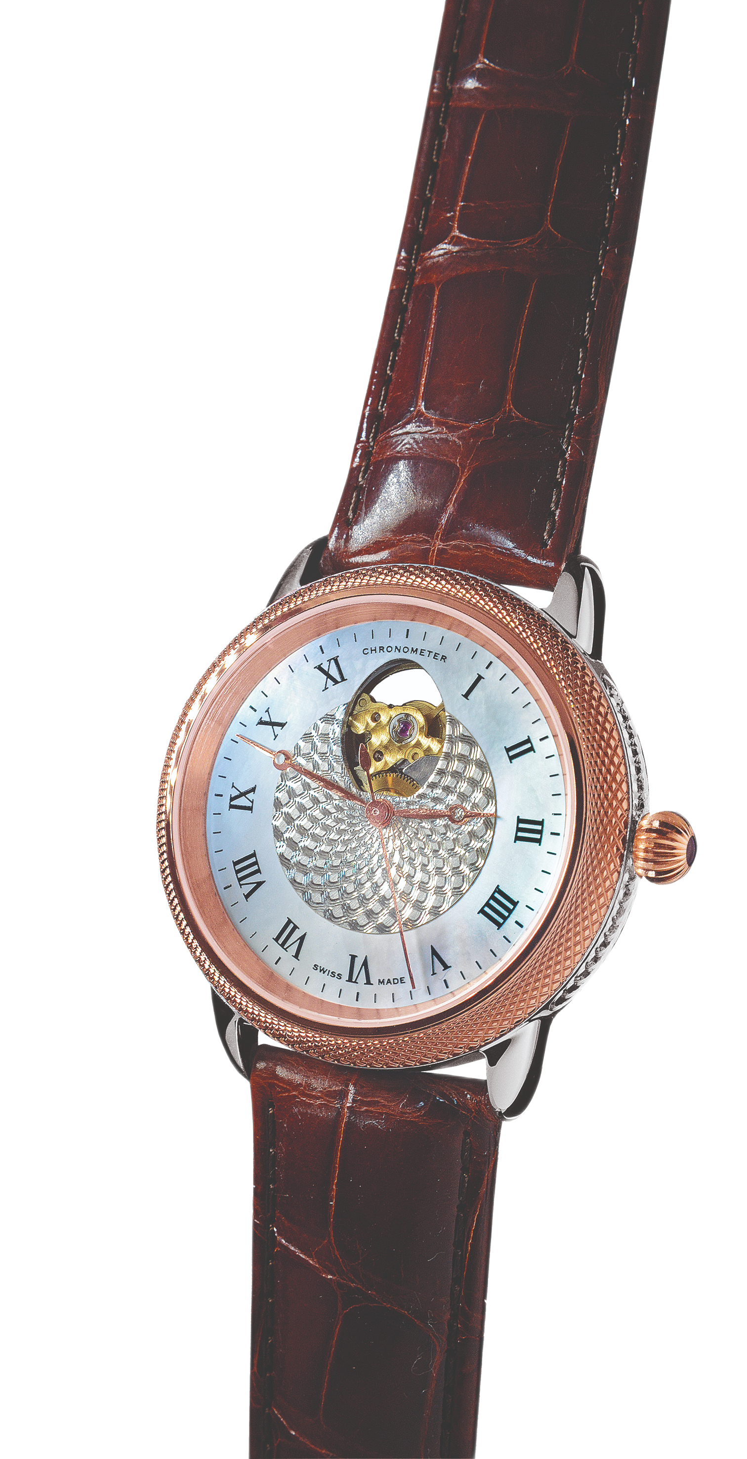 Theo Fabergé Series 4 chronometer model TF406 featuring 18 kt rose gold bezel, sterling silver case and mother of pearl dial with the signature Fabergé egg cut-out design.