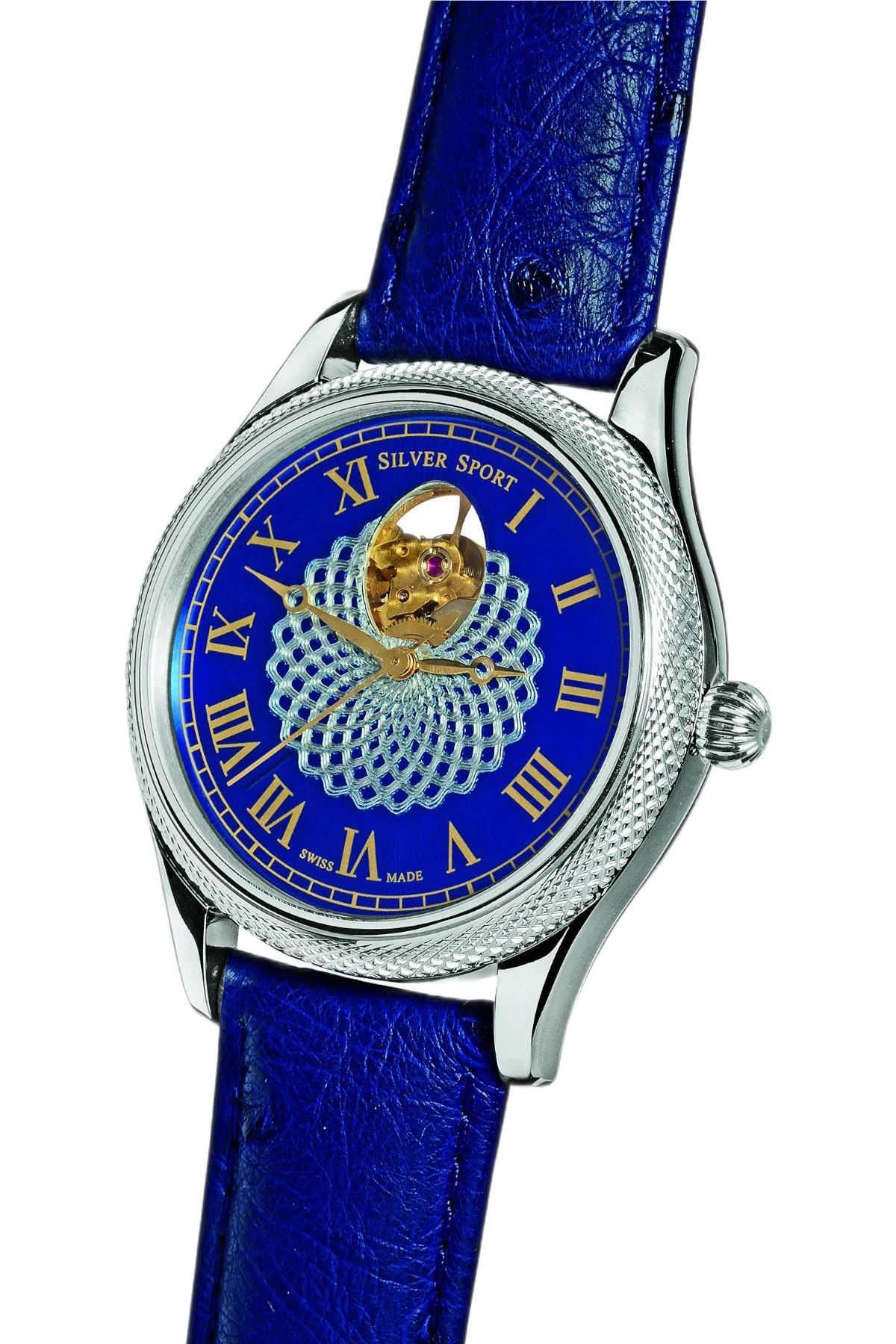 Detail view of the Series 9 Model 902, a Swiss-made Theo Fabergé watch in sterling silver and sapphires.
