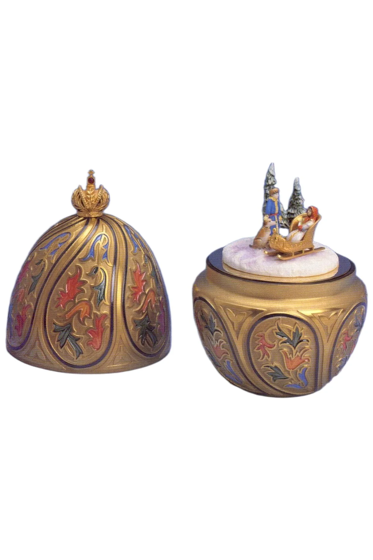 Russian Winter egg creation by Theo Fabergé inspired by snowy winter landscapes crafted with enamel and gold.