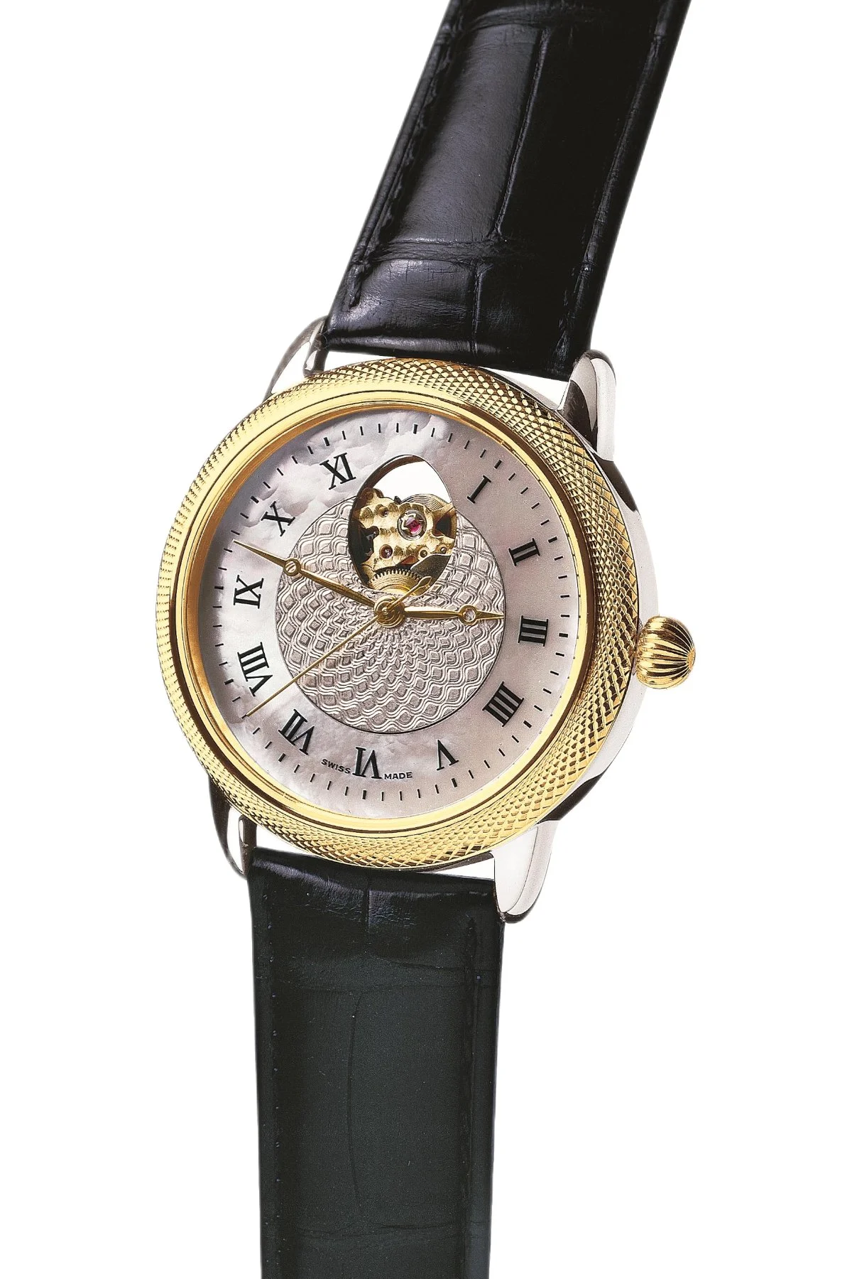 Theo Fabergé Series 4 chronometer model TF401 with 18 kt yellow gold bezel, sterling silver case and mother of pearl engine-turned dial featuring the Fabergé egg cut-out design.