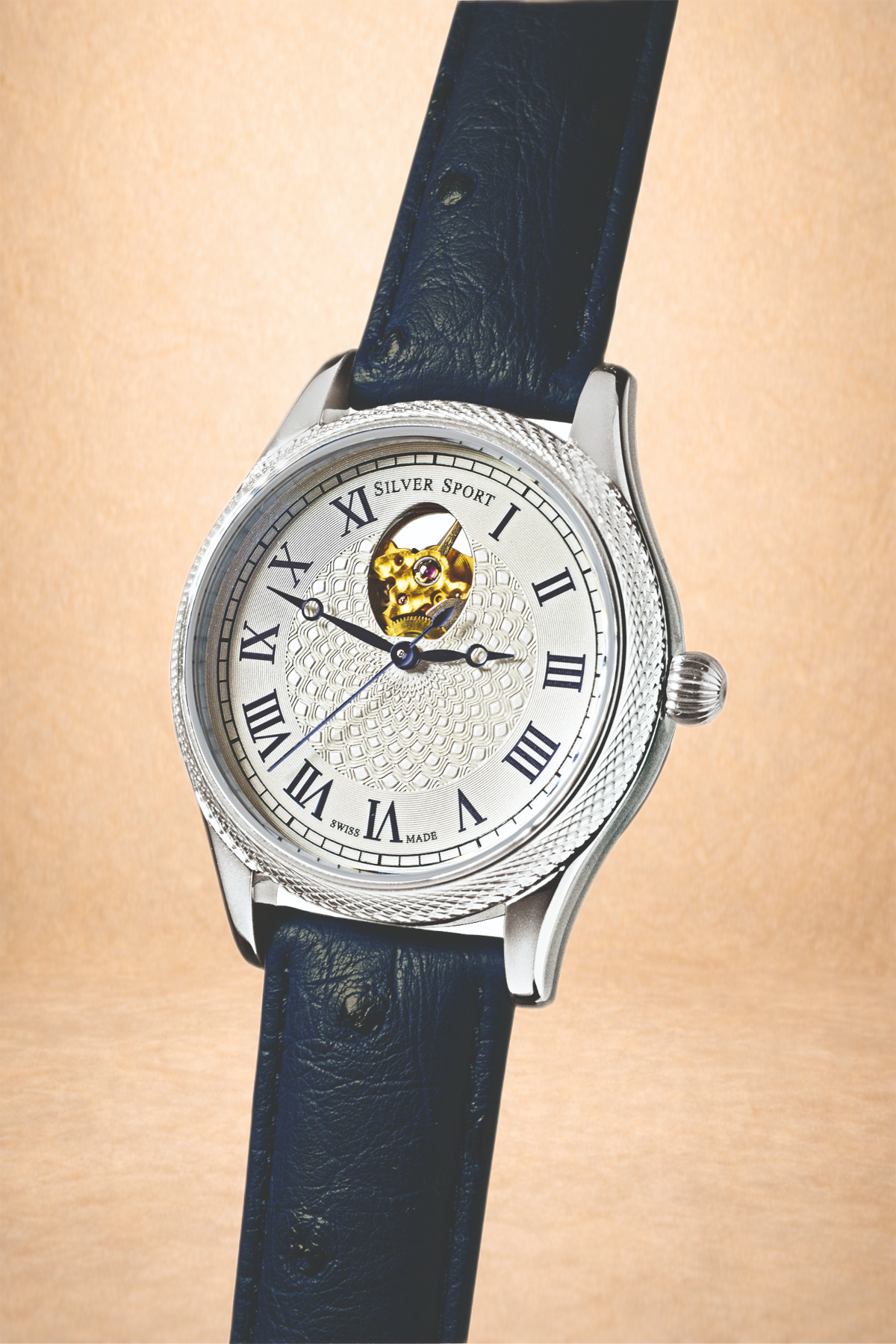 A wristwatch with a silver case, black leather strap, and classic dial featuring Roman numerals and an open heart showing watch's inner gears.