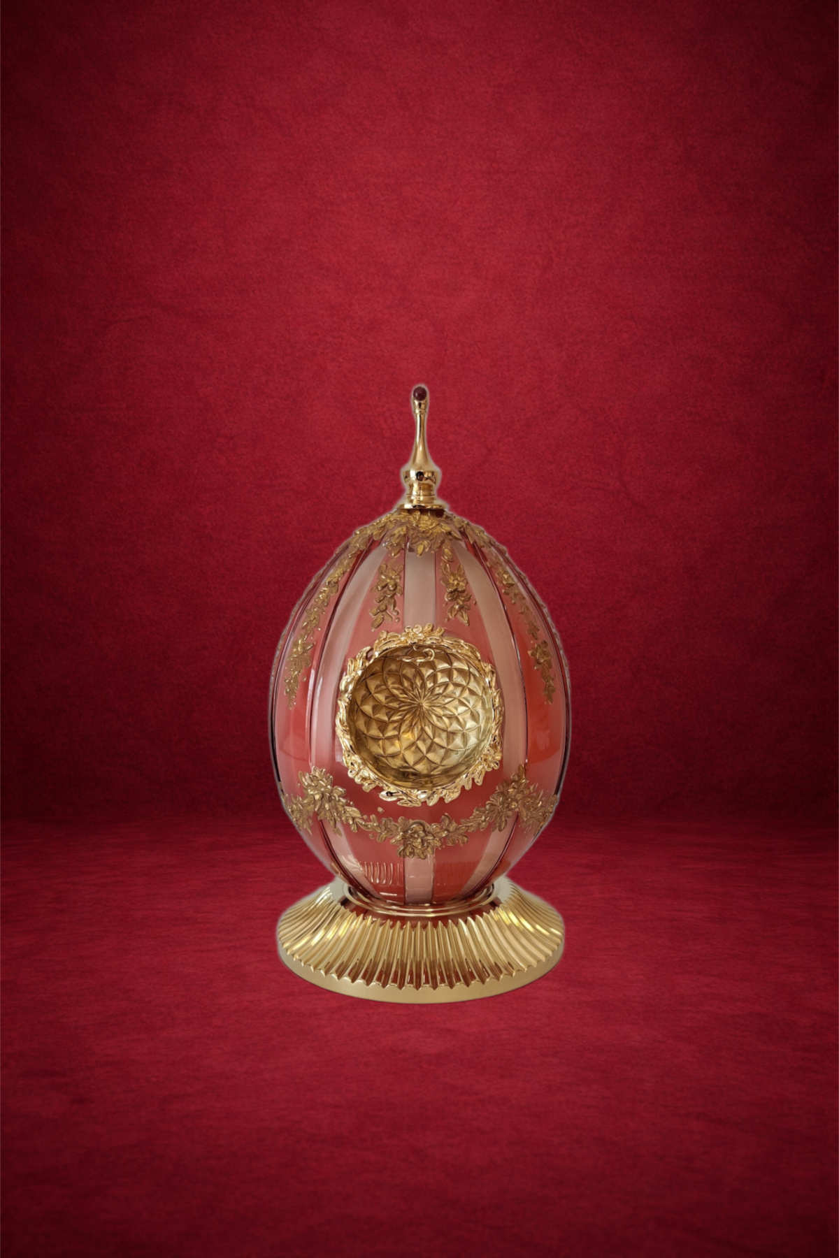 Garland egg creation by Theo Fabergé decorated with ornamental garland motifs in gold and enamel.