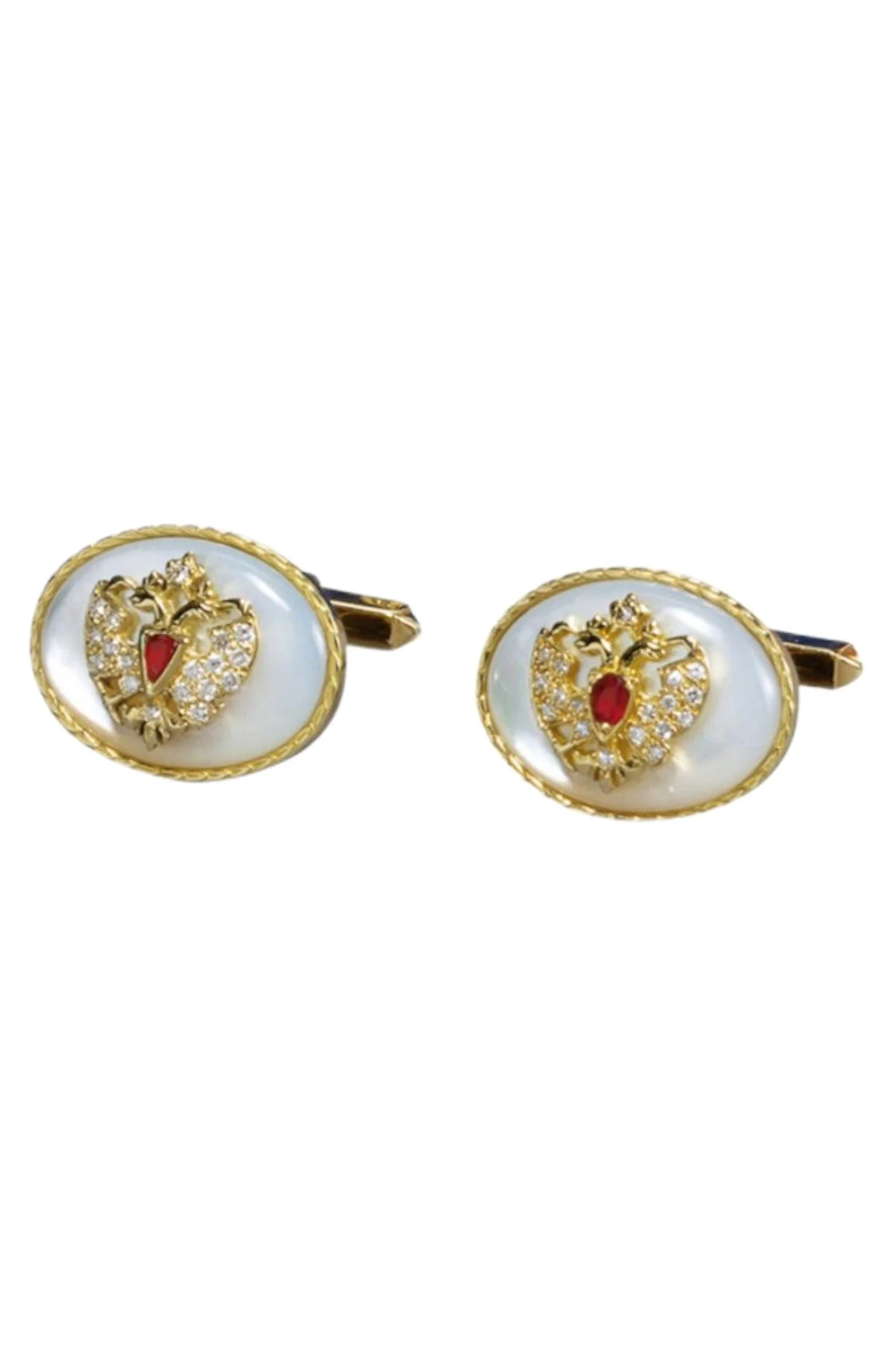 Romanov Cufflinks Mother Of Pearl by Theo Fabergé in gold and rubies.