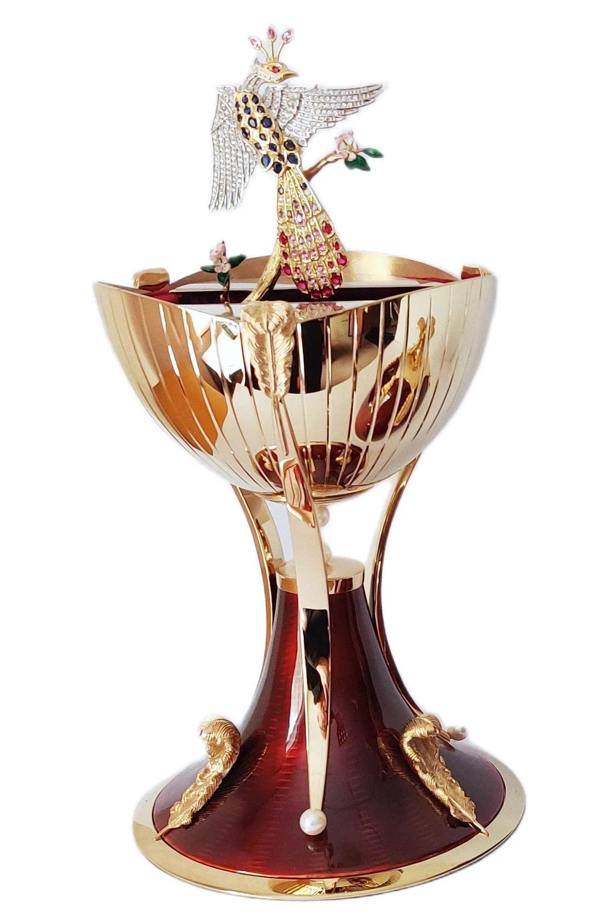 Firebird Passion Egg open to reveal its handcrafted surprise.