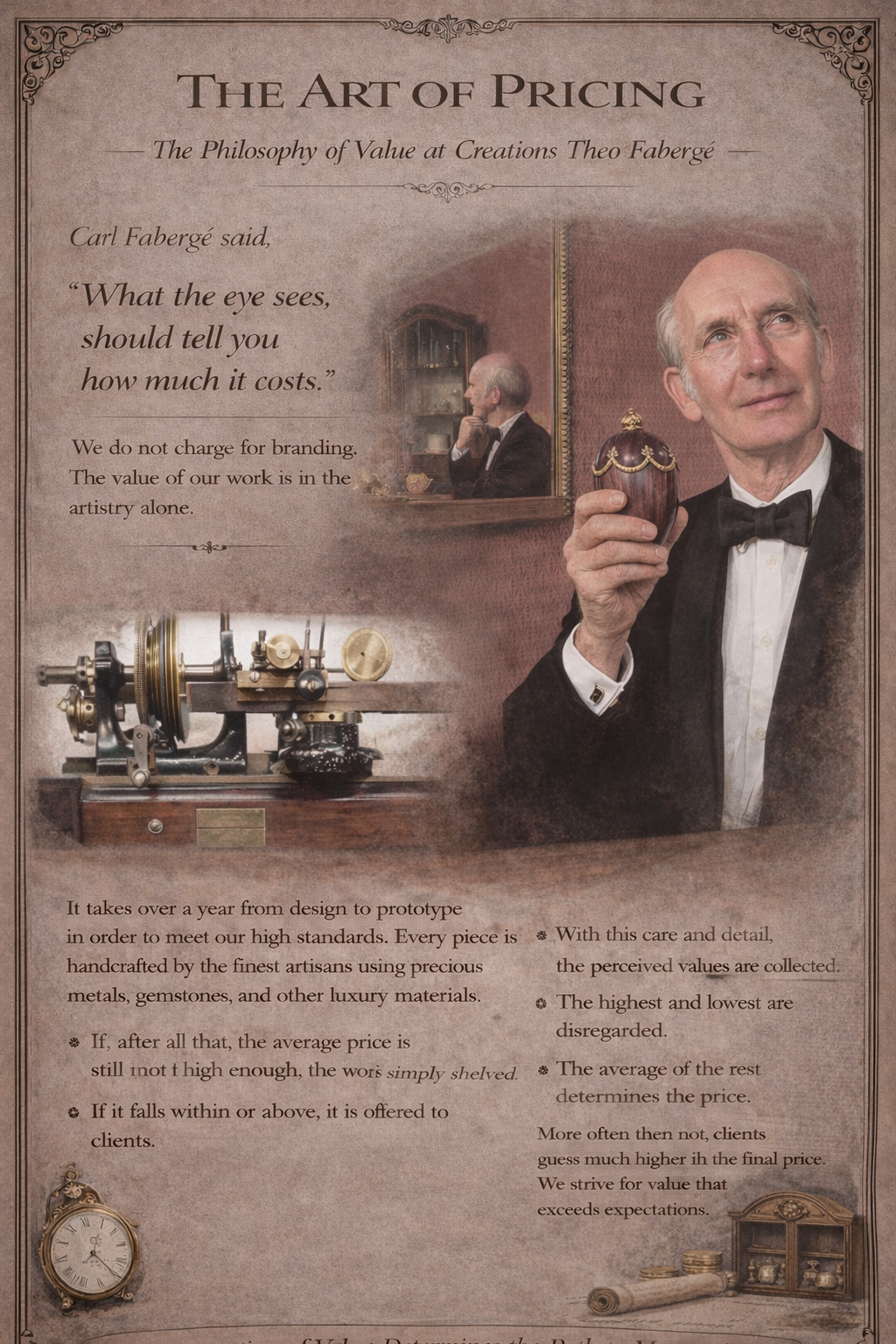 Theo Fabergé holding a handcrafted egg beside a display explaining the Fabergé philosophy that value lies in craftsmanship rather than branding.