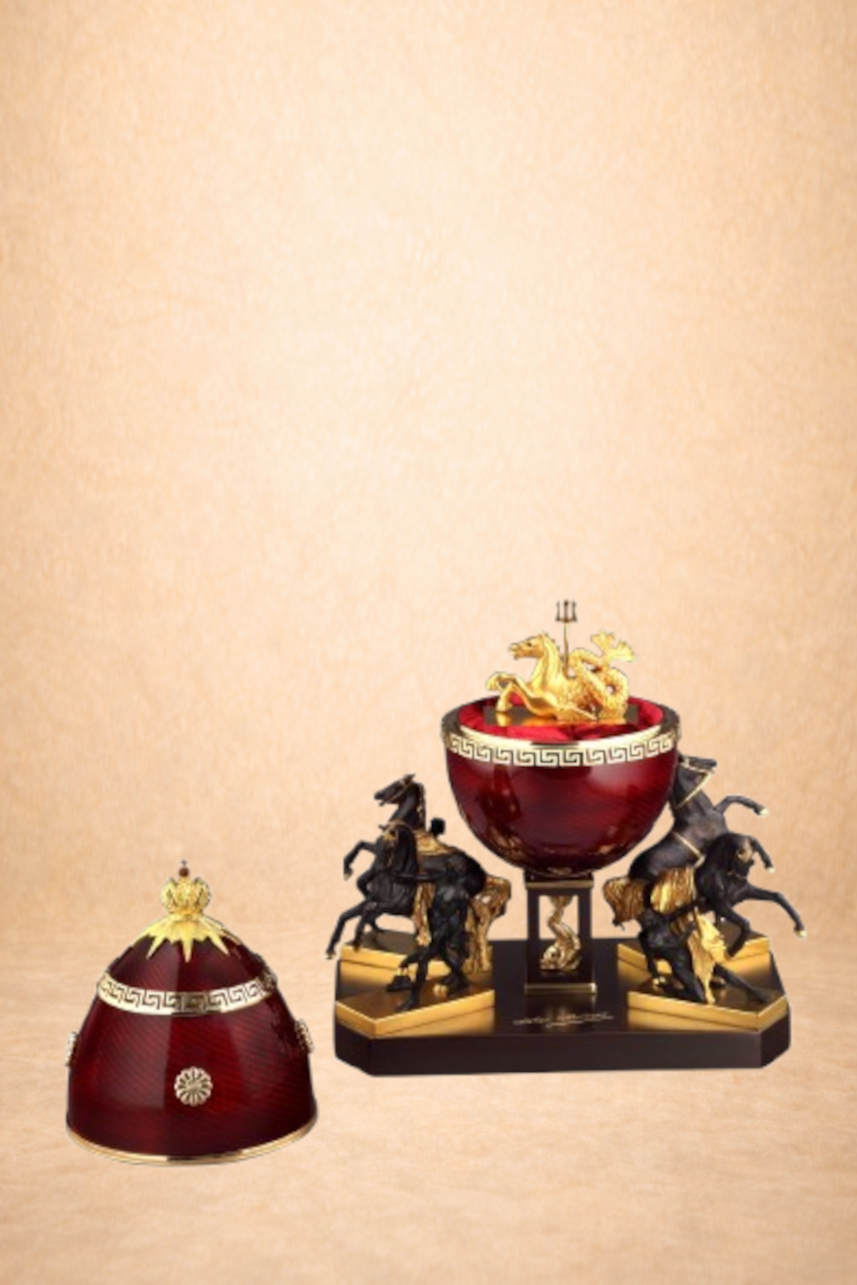 Decorative Chinese style trophies with red and gold color, resembling lanterns, featuring horses and traditional design elements.