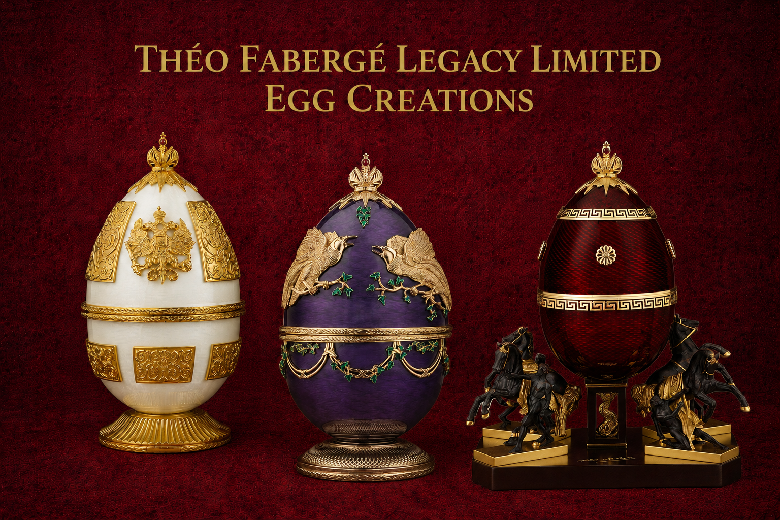 Collection of handcrafted Theo Fabergé egg creations featuring gold, enamel and gemstone detailing inspired by the Fabergé tradition.