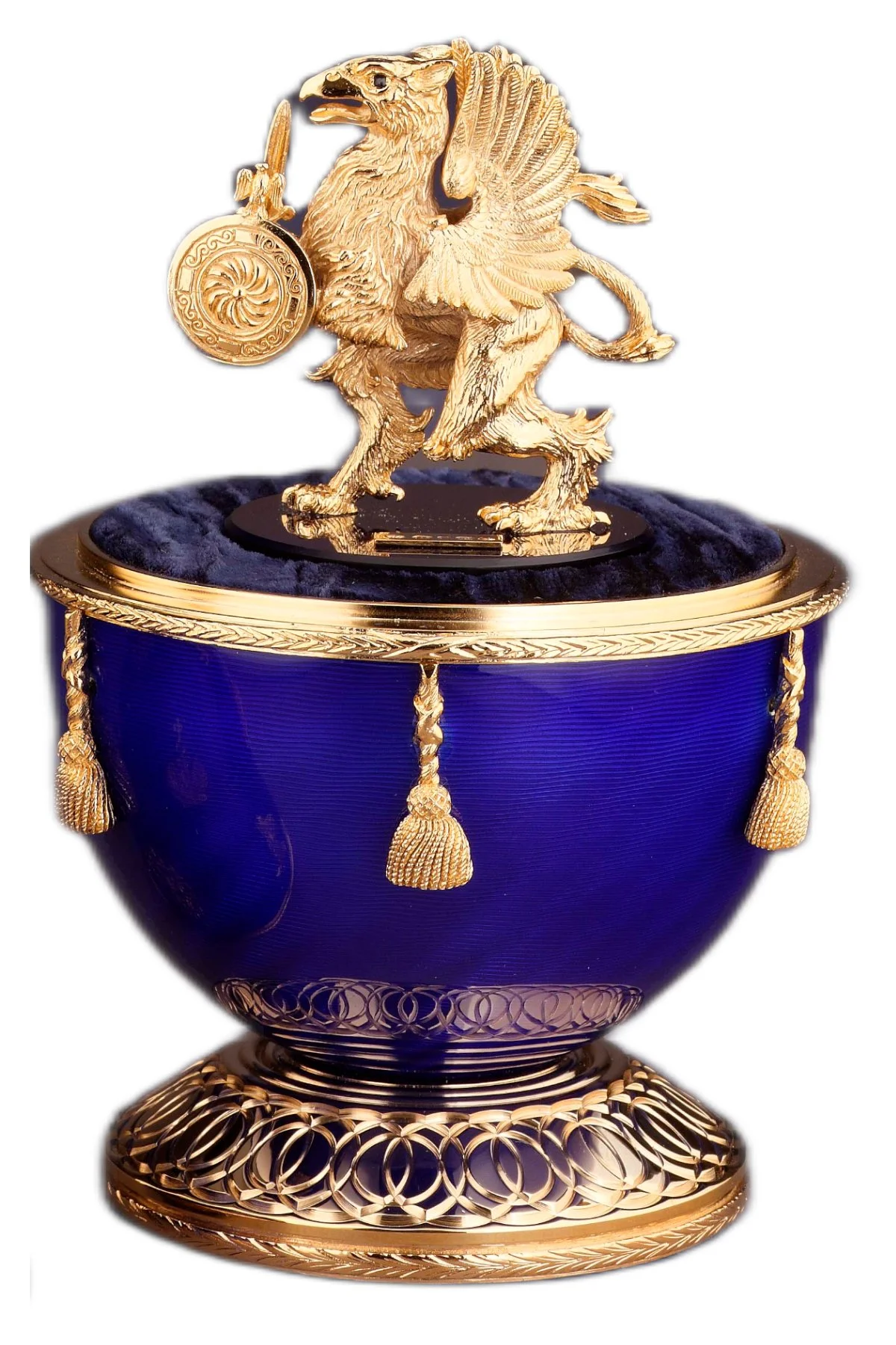 Romanov Quadricentenary Egg open to reveal its handcrafted surprise.