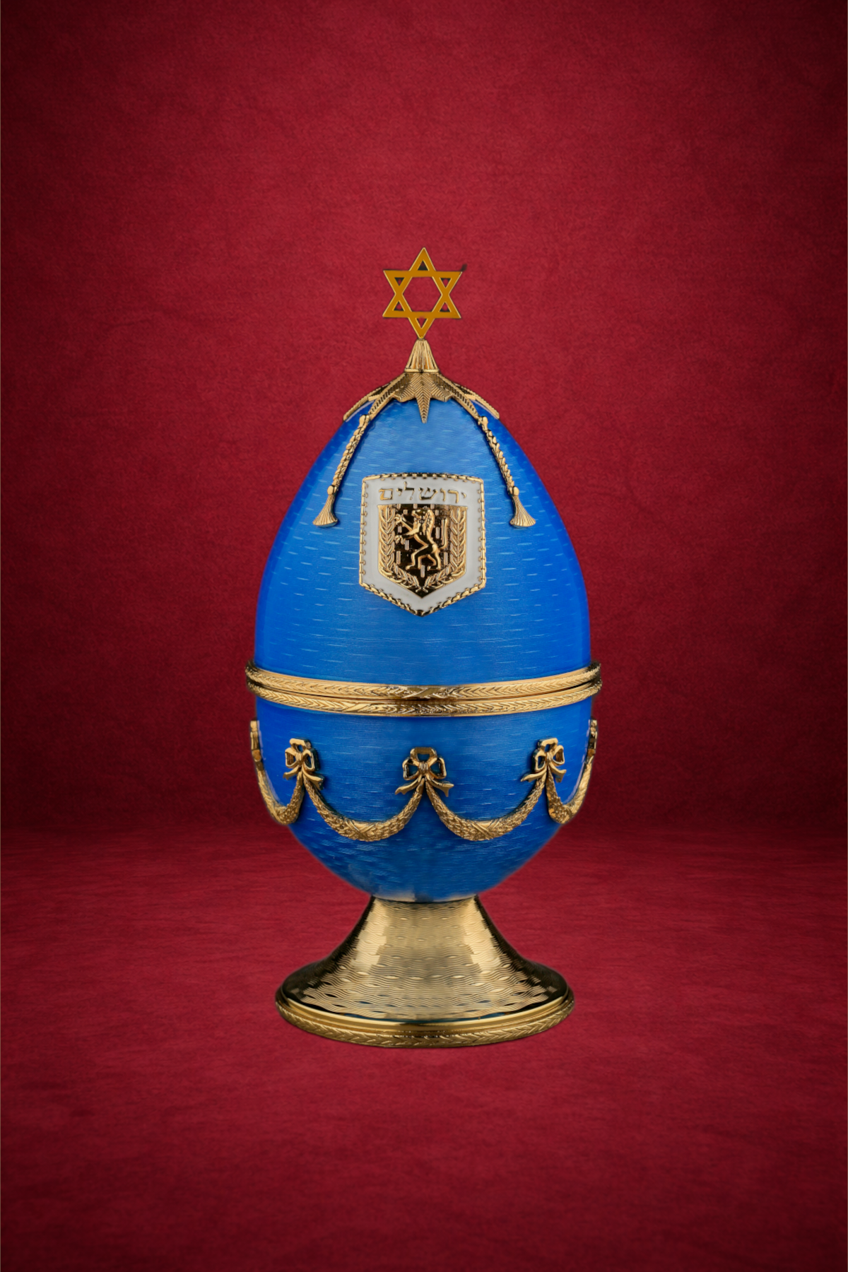 Anniversary egg creation by Theo Fabergé celebrating Fabergé heritage with handcrafted gold, enamel and gemstone decoration.