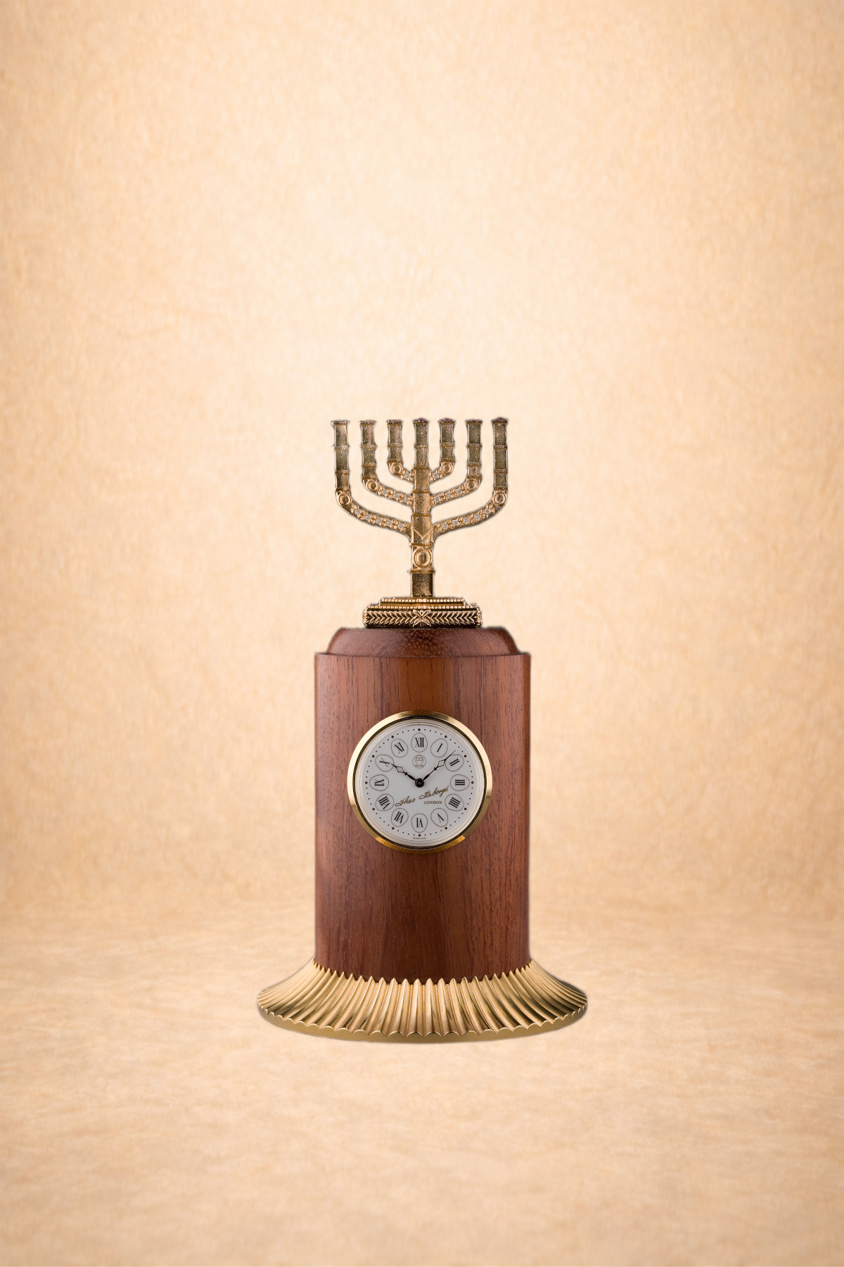 A decorative clock featuring a menorah on top and a wooden base, with a white clock face and Roman numerals.