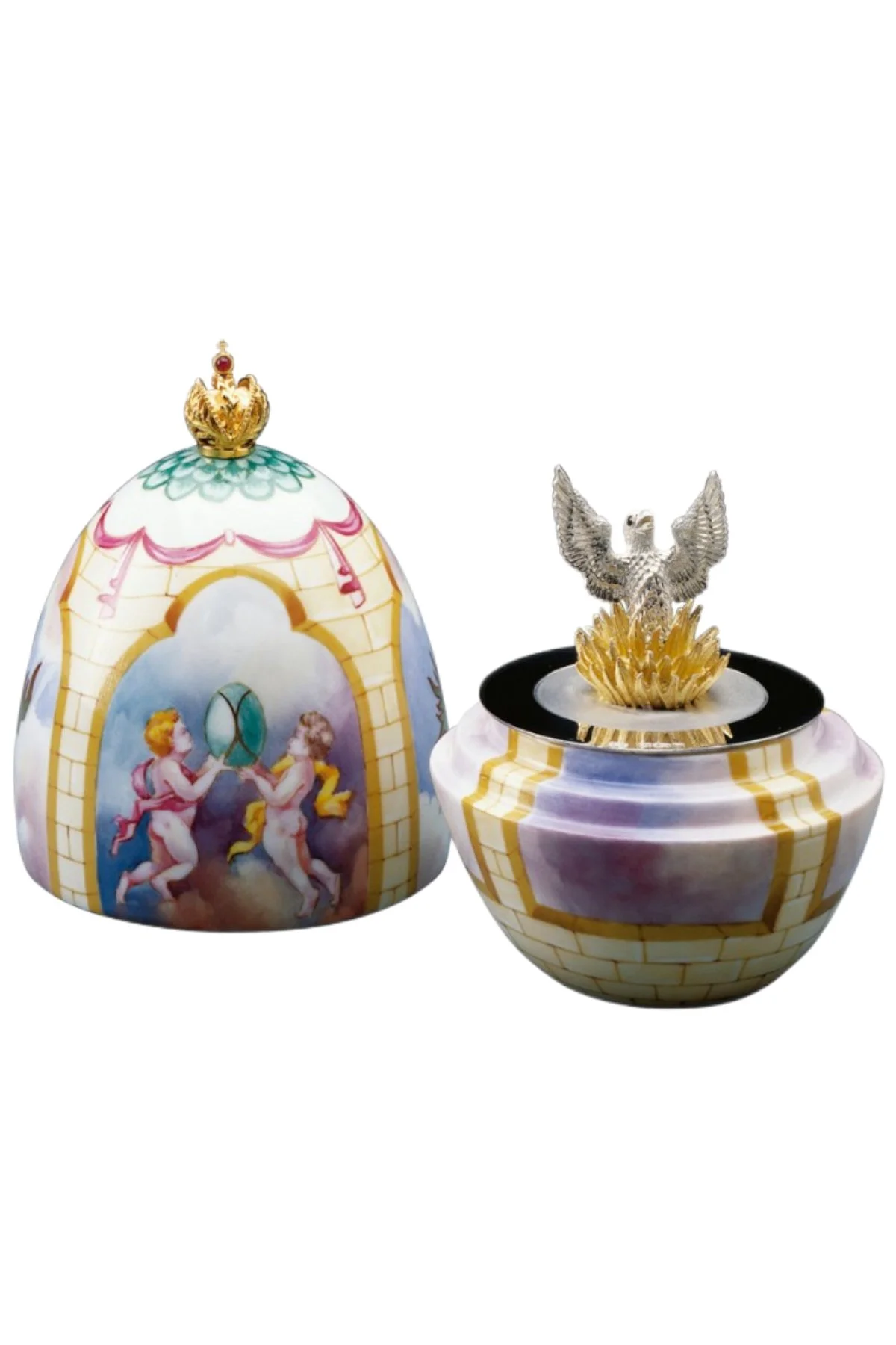 The Phoenix Egg by Theo Fabergé, shown open to reveal its surprise.