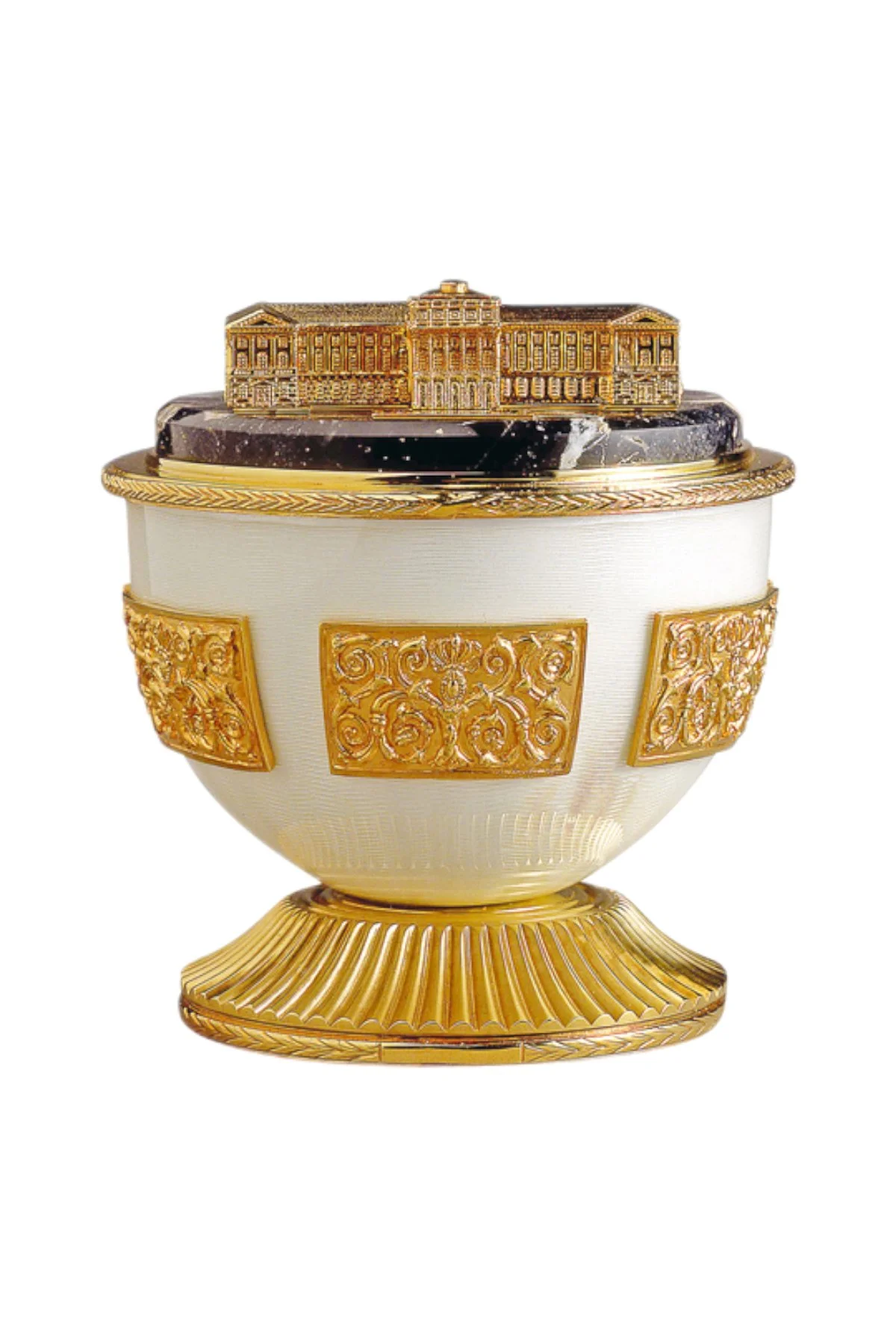 Mariinsky Egg open to reveal its handcrafted surprise.