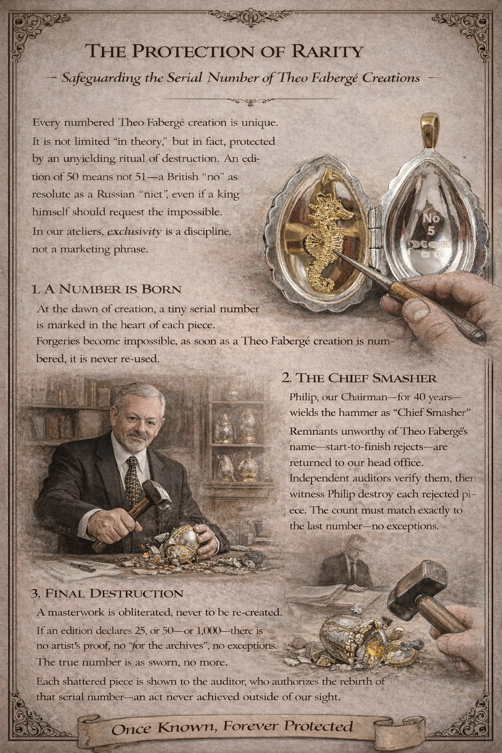 Explanation of the Theo Fabergé serial numbering system ensuring the rarity and authenticity of each handcrafted creation.