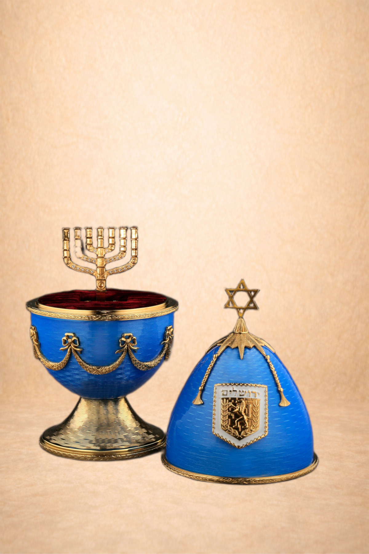 A menorah and an Israeli policeman's hat, both decorated in blue and gold, with a beige background.
