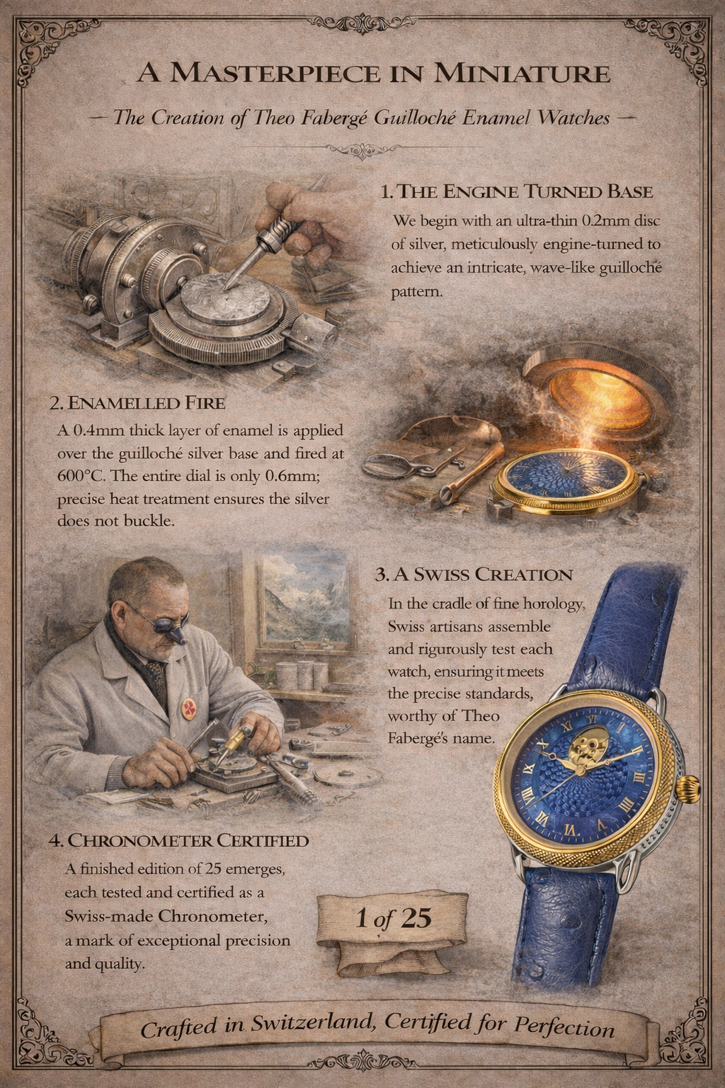 Illustration explaining the creation of Theo Fabergé guilloché enamel watches crafted in Switzerland using traditional horological techniques.