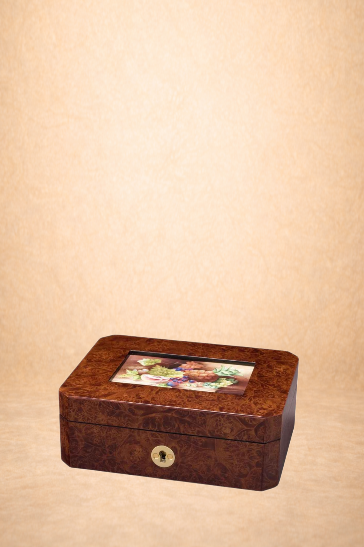 A wooden jewelry box with a floral painting on top, placed on a light beige background.