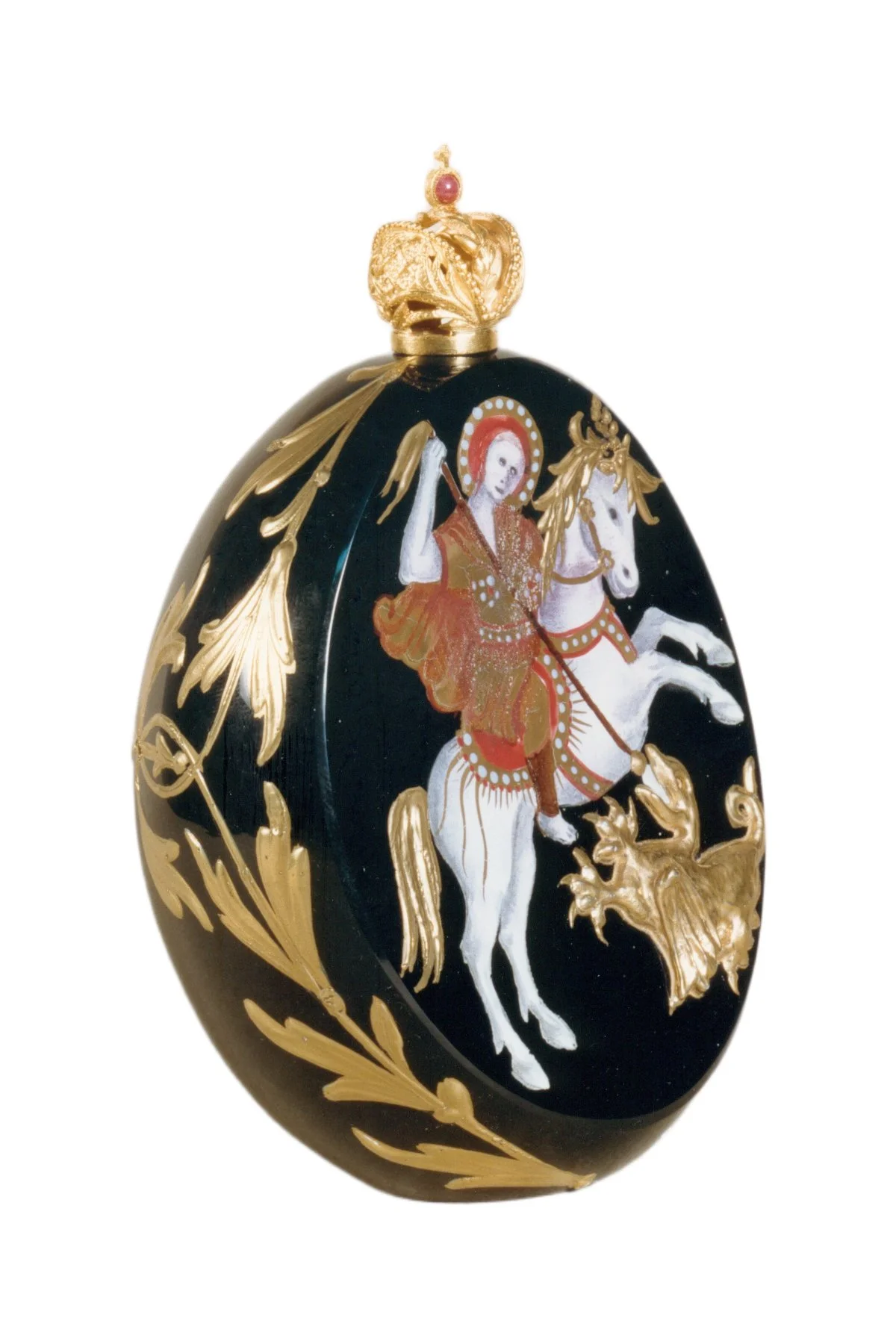 Icon egg creation by Theo Fabergé inspired by Russian religious iconography with gold and enamel craftsmanship.