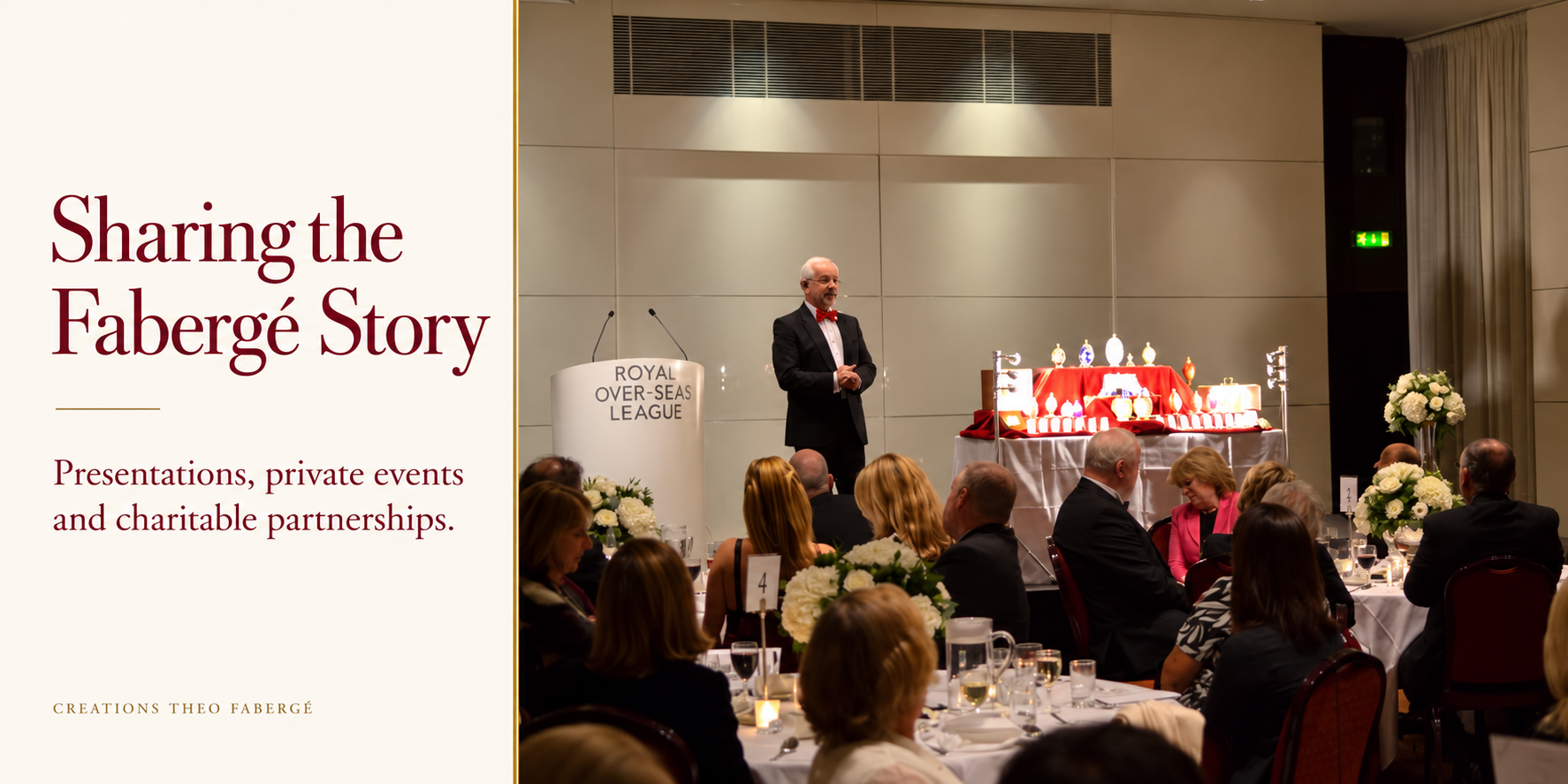 Philip Birkenstein addressing seated guests beside a display of Theo Fabergé Creations at the Royal Over-Seas League.