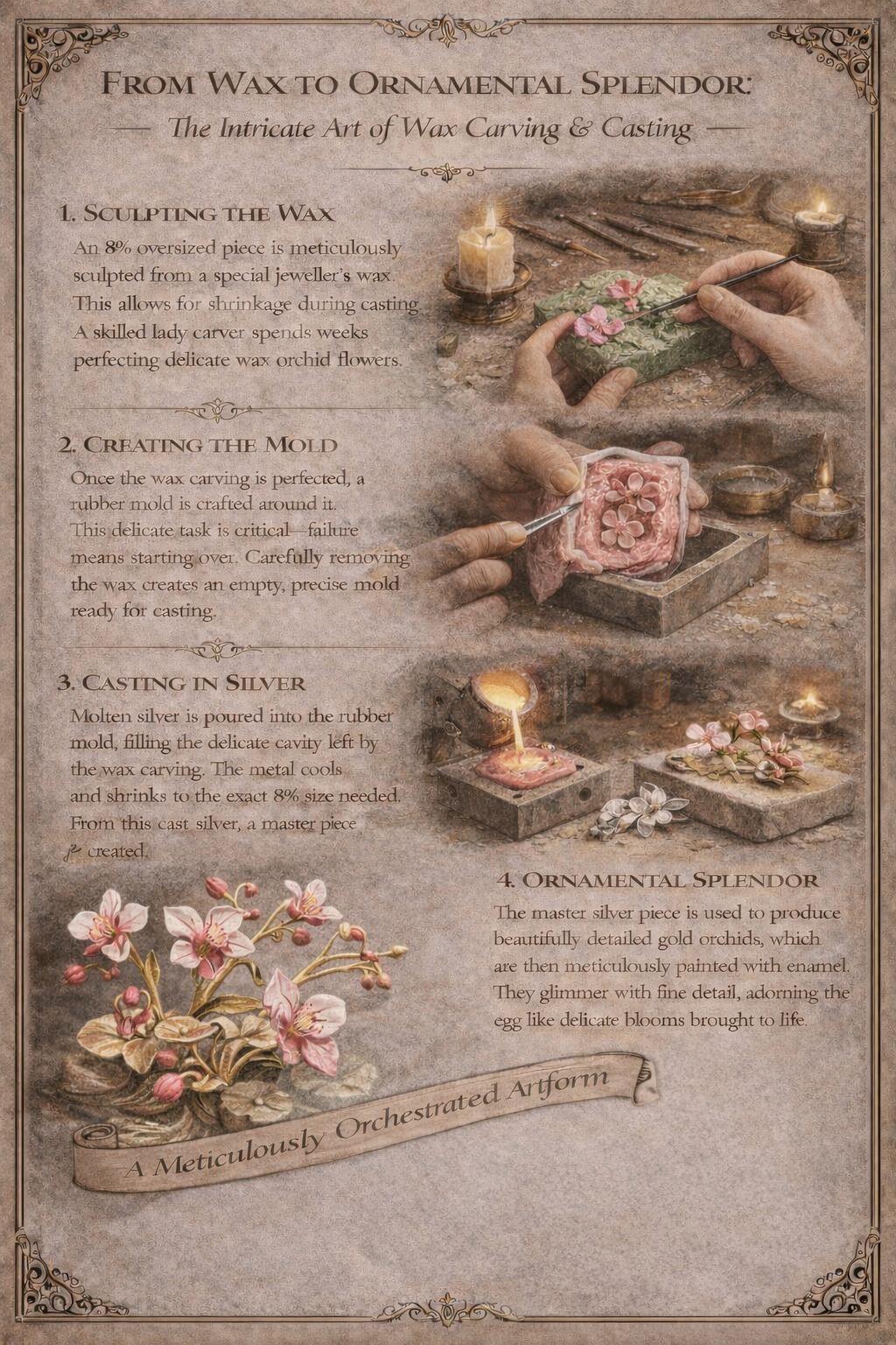 Jewellery wax carving and casting process used to create intricate Fabergé egg decorations and ornamental details.