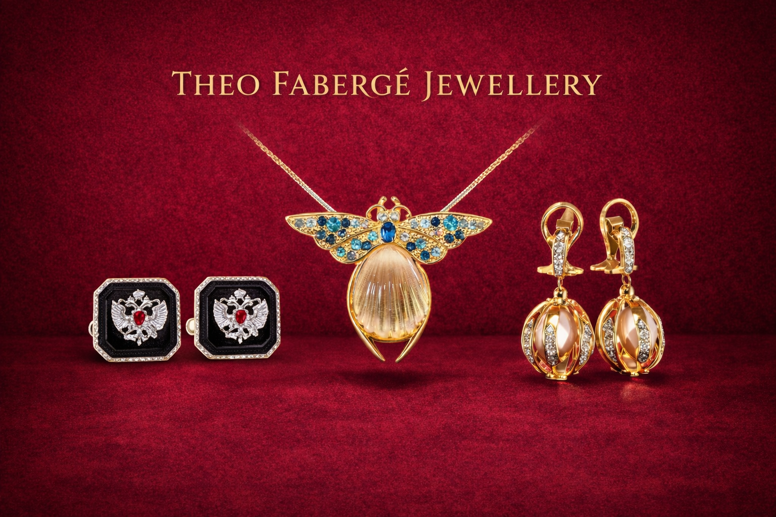 Theo Fabergé jewellery collection including gemstone earrings, pendant and cufflinks crafted with fine gold and enamel.