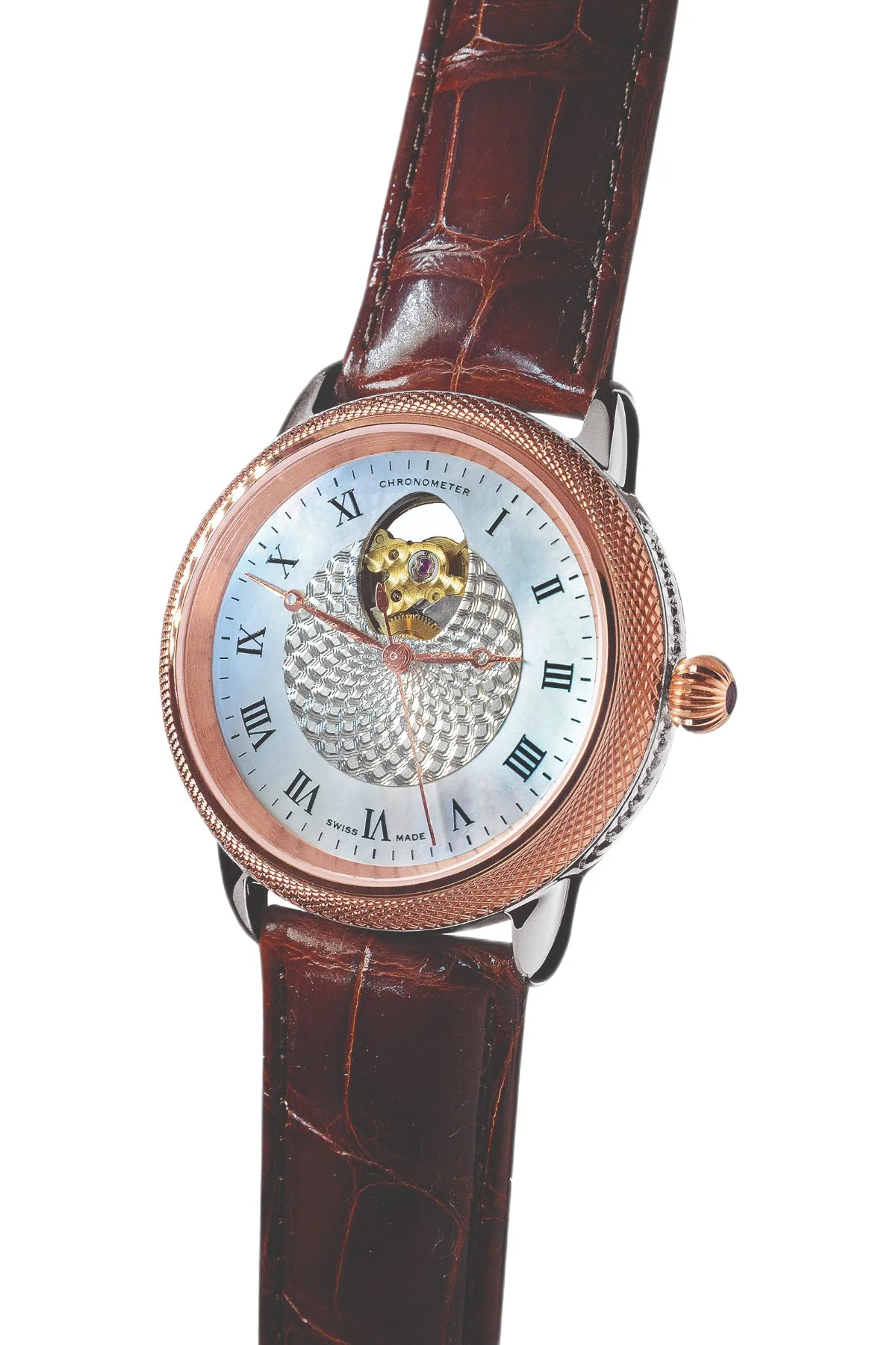 Series 4 Model 406, a Swiss-made Theo Fabergé watch in 18-carat rose gold and sterling silver.