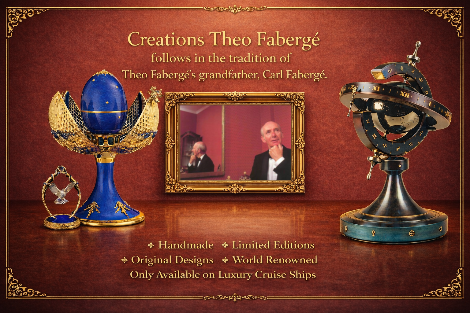 An advertisement for creations by Theo Fabergé featuring ornate jewelry pieces on a wooden surface, a framed portrait of Theo Fabergé, and decorative clocks or sculptures against a red background with gold accents.