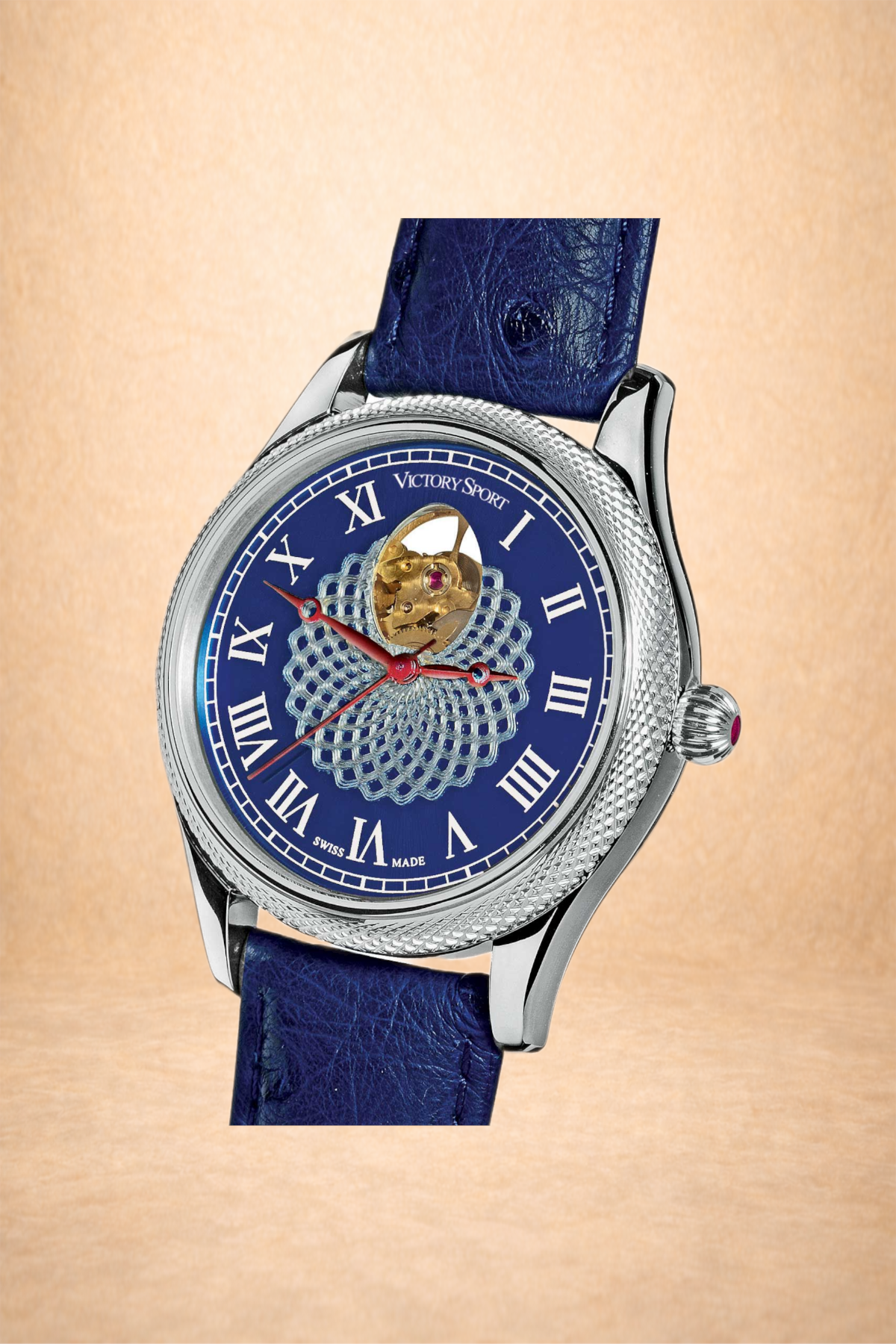 A blue leather strap Victory Sport wristwatch with a detailed silver case, Roman numeral dial, and open heart design showing the watch's inner mechanism, set against a neutral background.