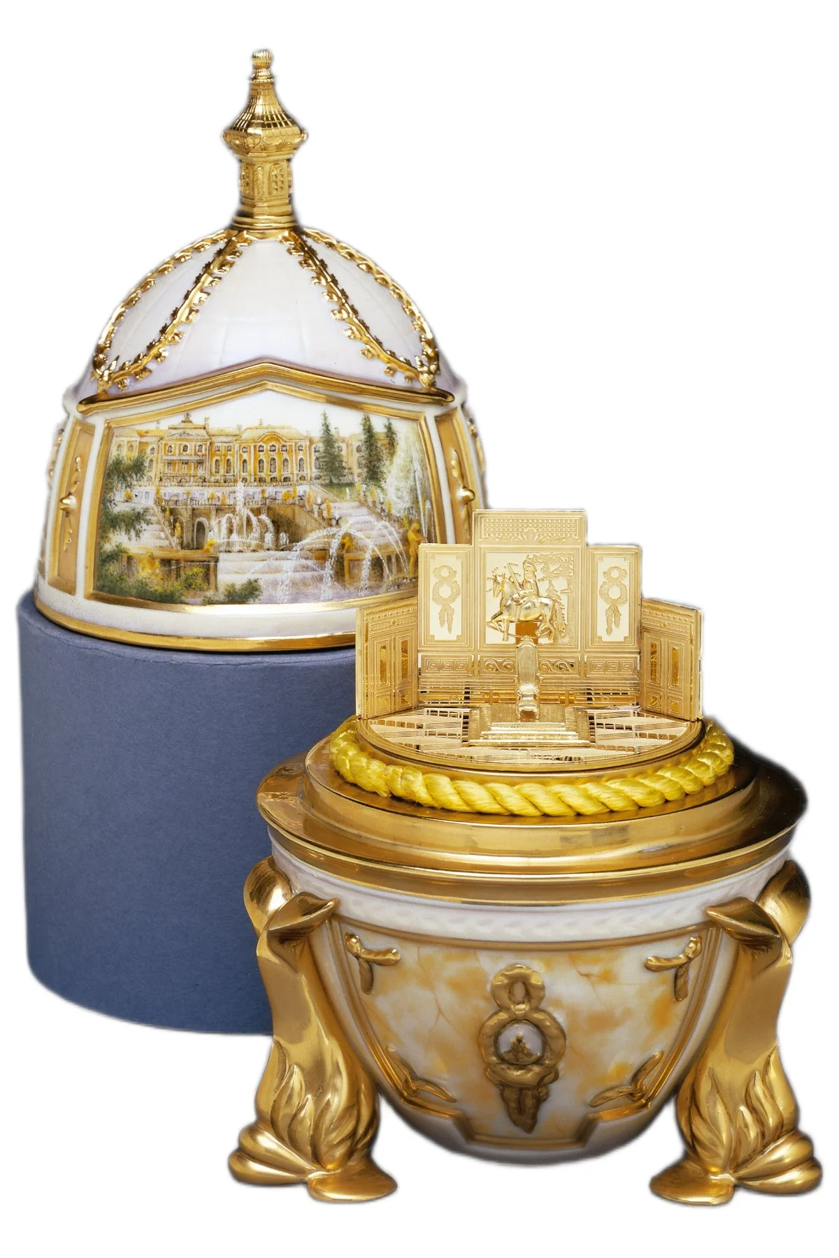 Detail view of the Peterhof Egg, an original Theo Fabergé Egg creation in vermeil and sterling silver.