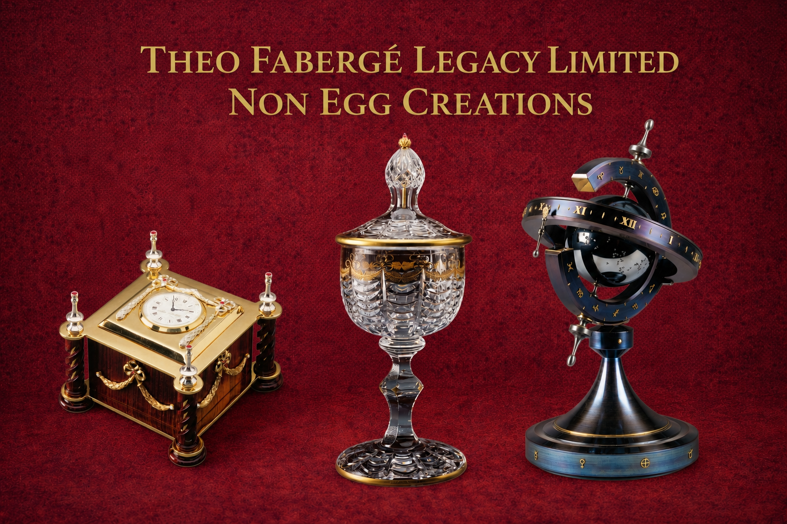 Three intricate decorative objects on a red textured background, including a square clock with gold accents, a cut glass covered bowl, and a black and gold armillary sphere.