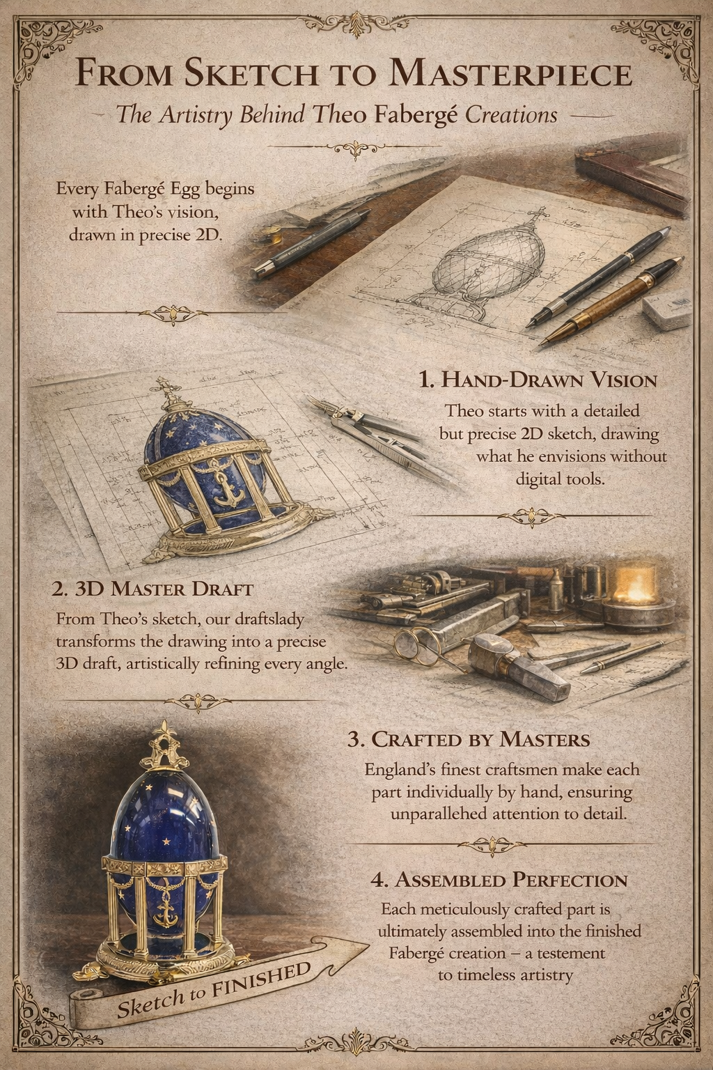 The creative process behind a Theo Fabergé egg from hand-drawn concept sketch to fully crafted masterpiece.