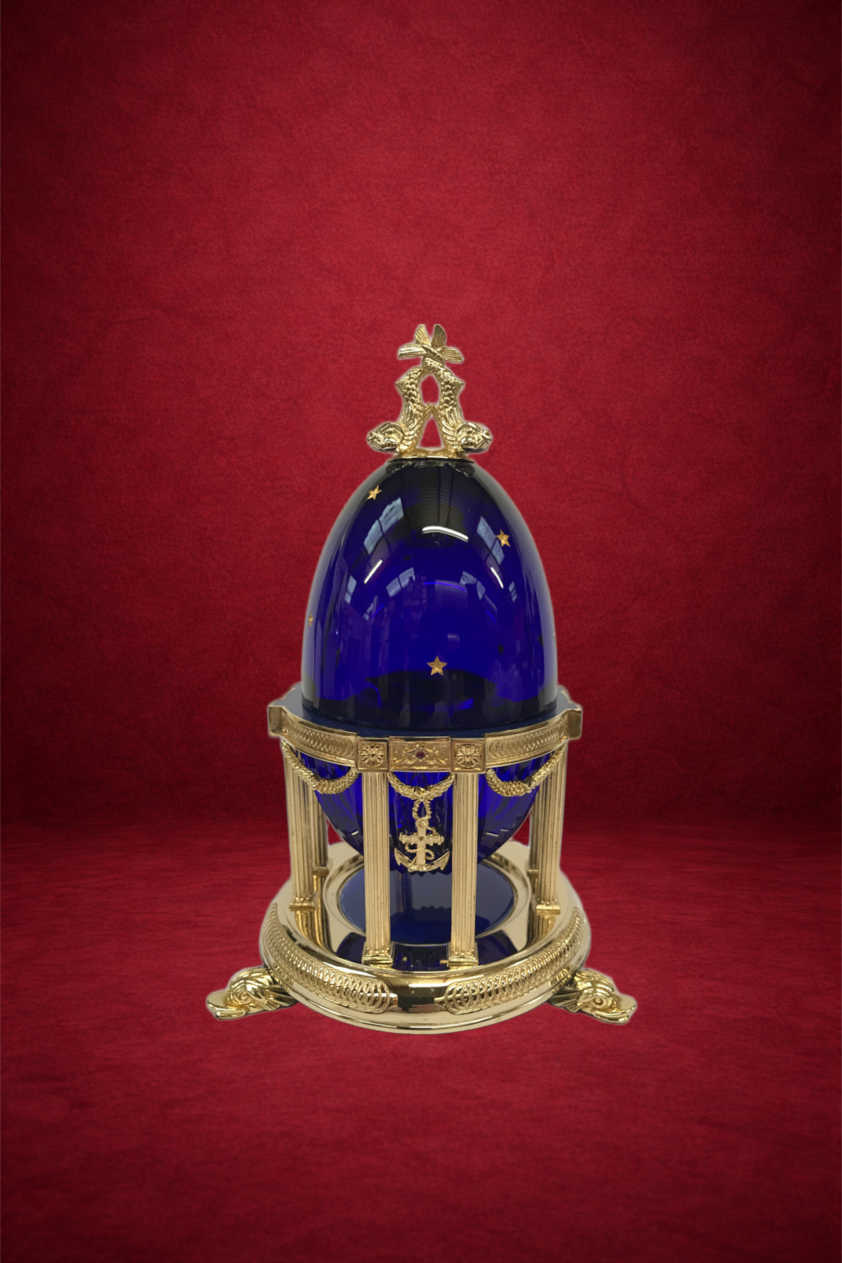 Mayflower egg creation by Theo Fabergé commemorating the historic Mayflower voyage with enamel and gold detailing.