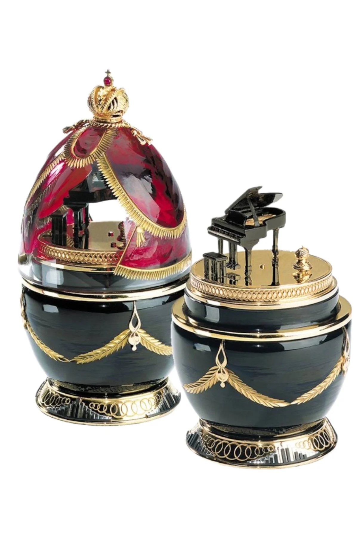 The Piano Egg by Theo Fabergé, shown open to reveal its surprise.