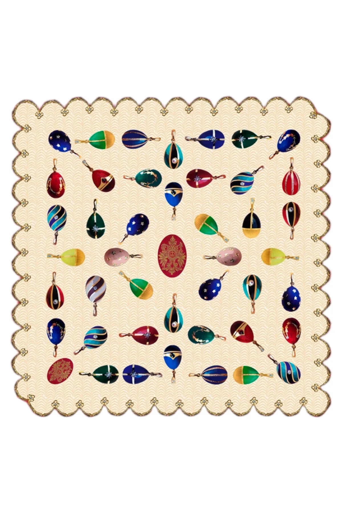 Theo Fabergé Scarf. Hand stitched on pure silk in England, these scarves depict original passion pendants.