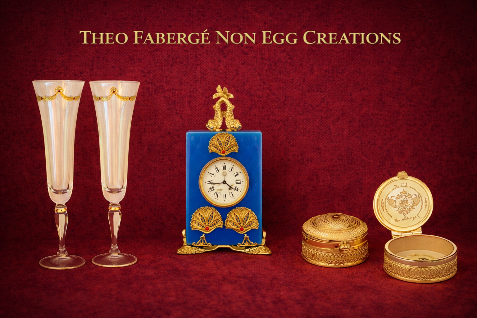 Selection of Theo Fabergé non-egg creations including enamel objects, clock and decorative pieces crafted in the Fabergé tradition.