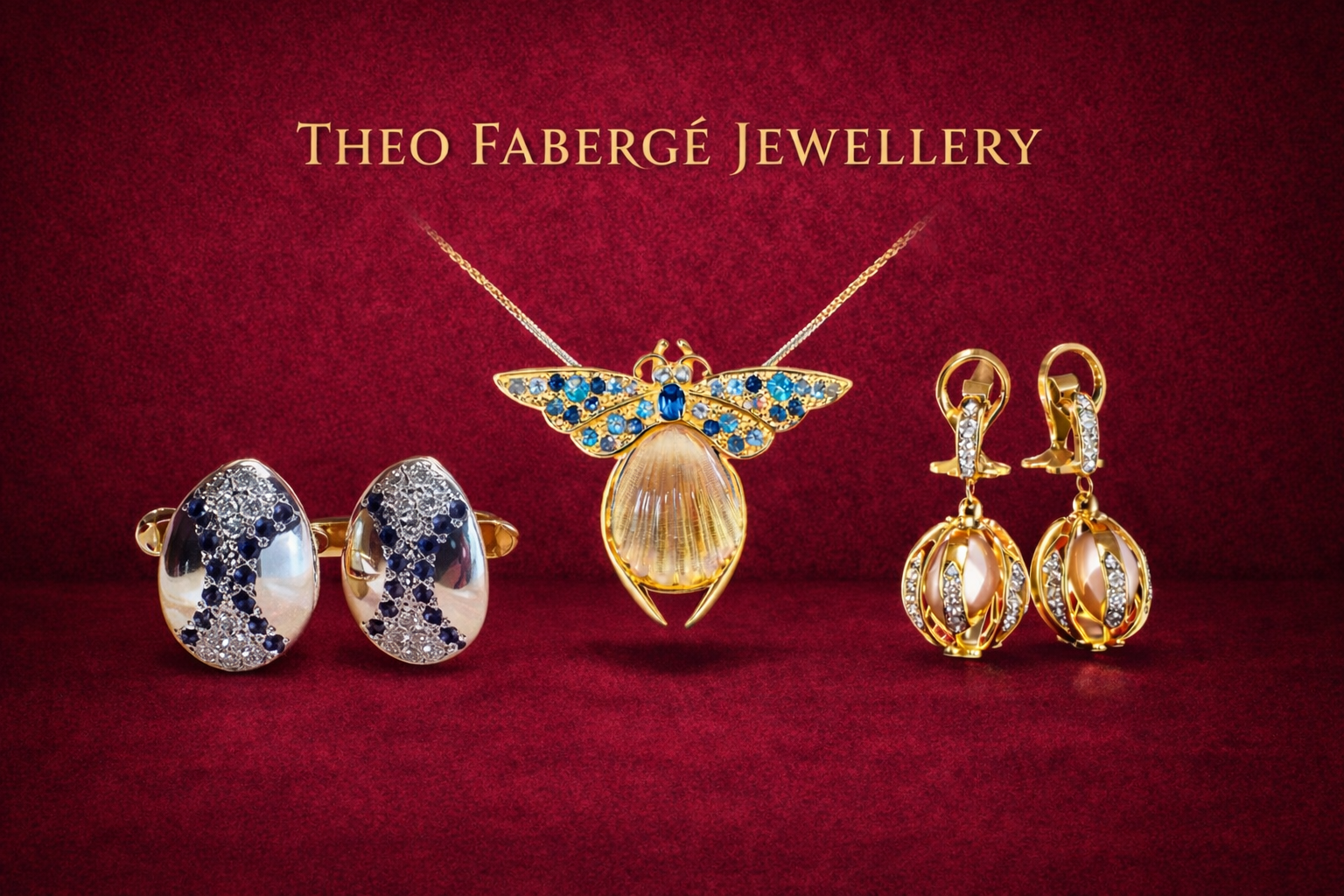 Theo Fabergé jewellery collection including gemstone earrings, pendant and cufflinks crafted with fine gold and enamel.