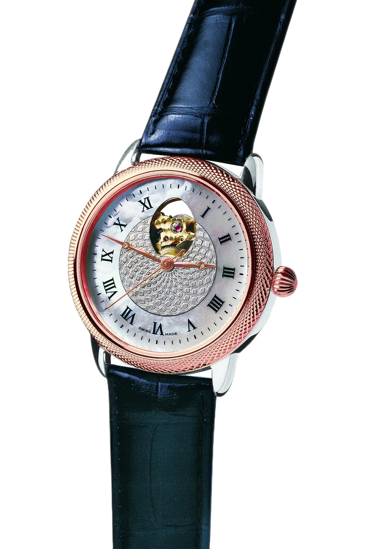 Detail view of the Series 4 Model 402, a Swiss-made Theo Fabergé watch in pearls and sapphires.