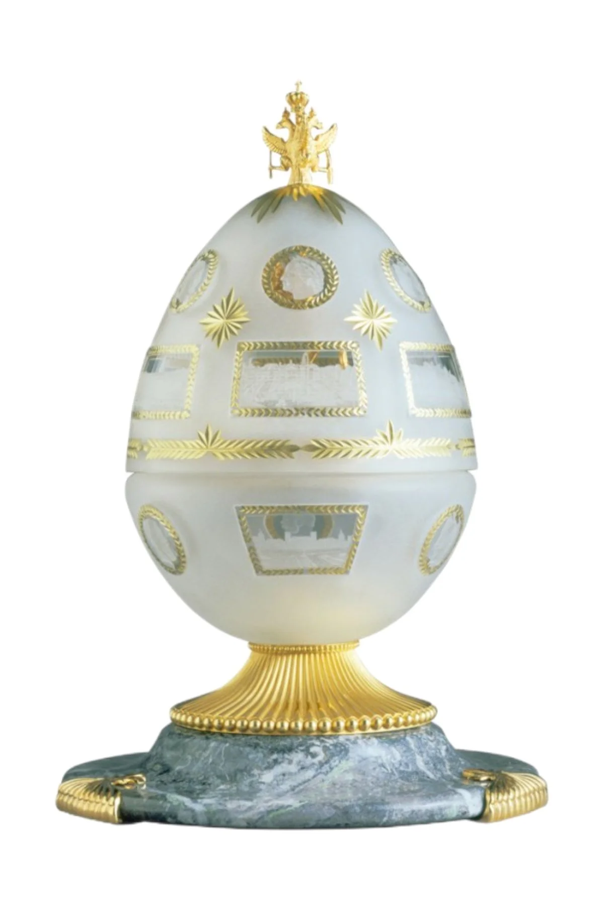 The Tercentenary Egg by Theo Fabergé, shown from the front.