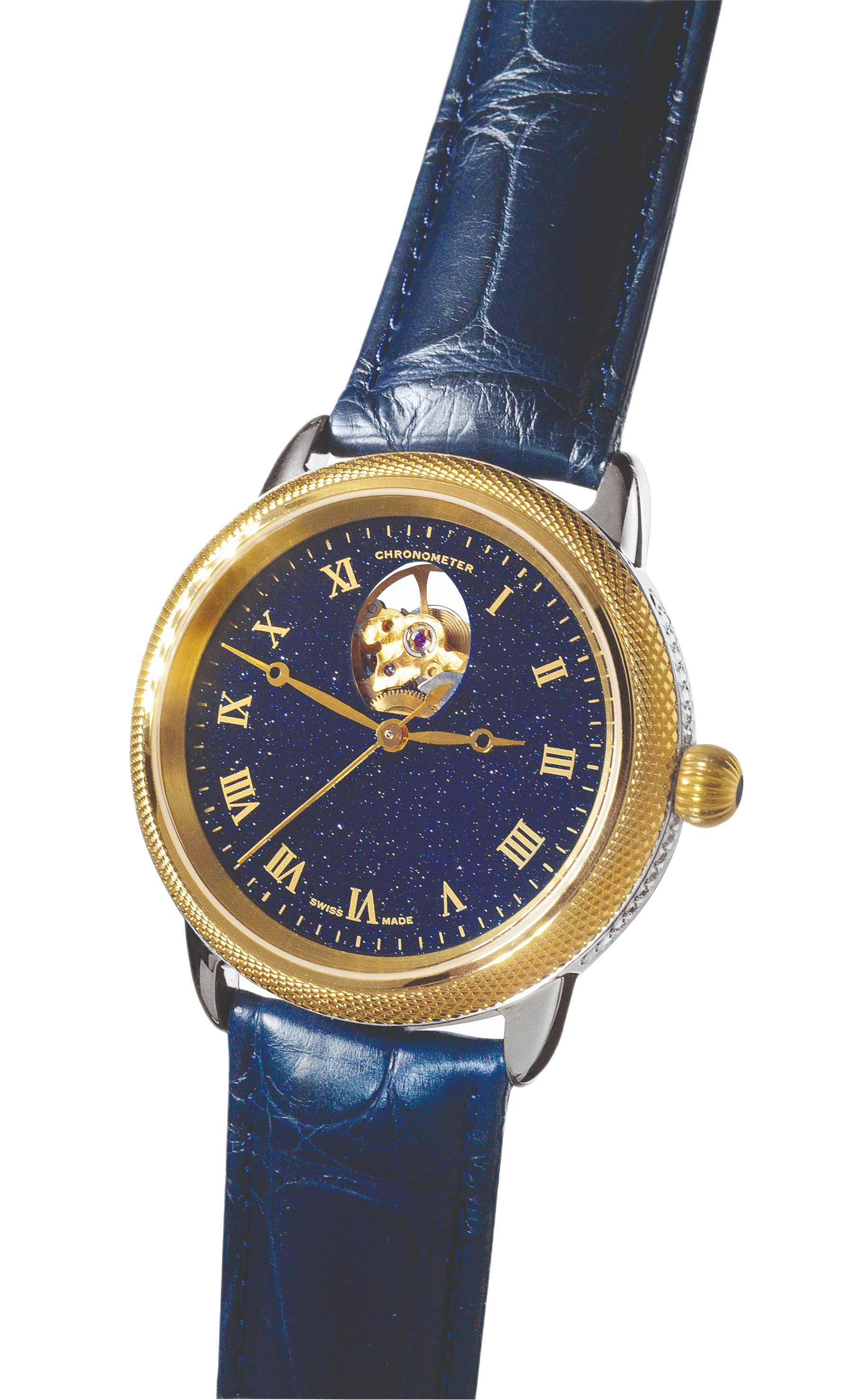 Theo Fabergé Series 4 chronometer model TF408 featuring 18 kt yellow gold bezel, sterling silver case and stellar goldstone dial with the iconic Fabergé egg cut-out.