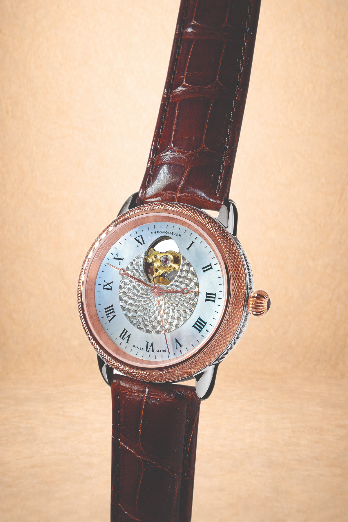 A luxury wristwatch with a round silver-ghinning face, Roman numerals, and a visible mechanical movement, attached to a brown leather strap.