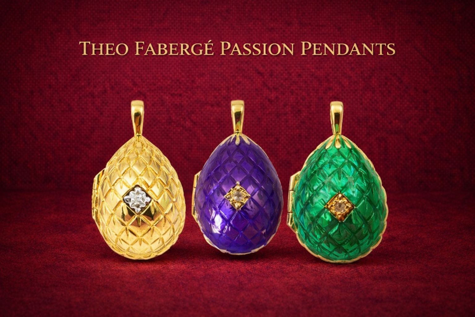 Theo Fabergé Passion pendants featuring egg-shaped designs with guilloché enamel and gemstone settings.