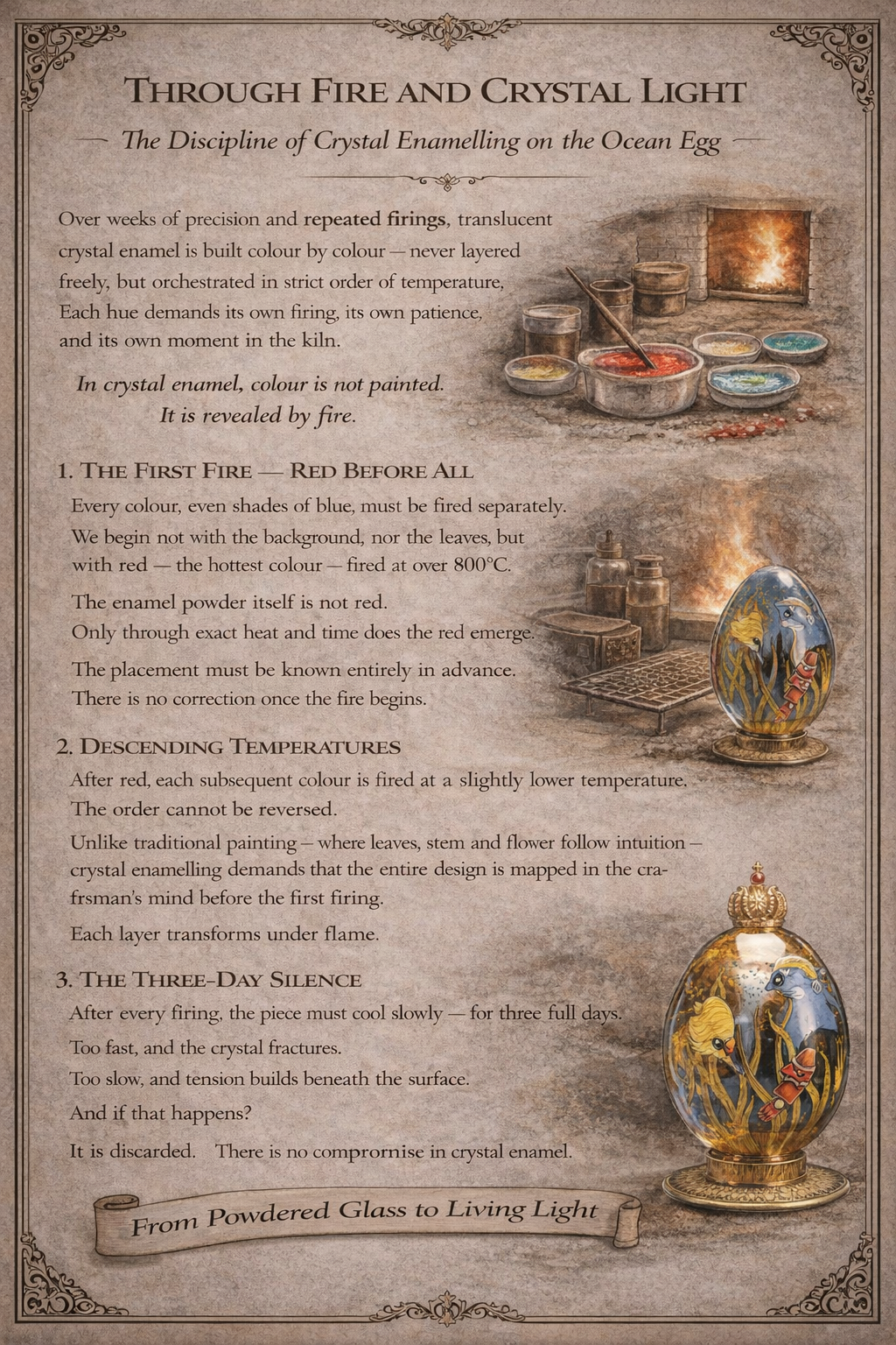 Illustration showing the crystal enamelling process used to create the Ocean Fabergé egg with multiple firings and precise temperature control.