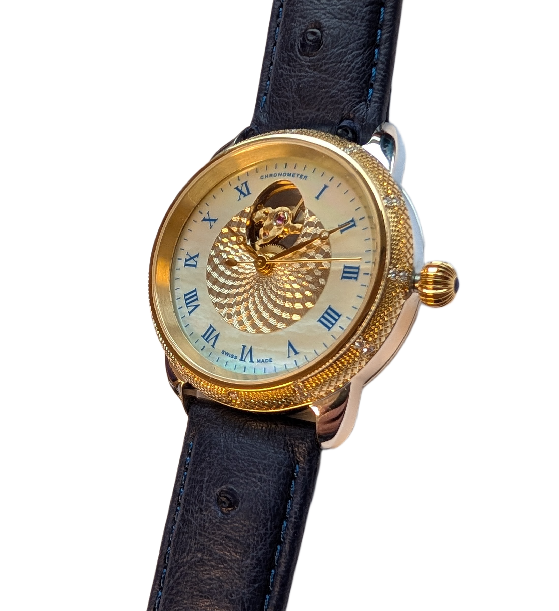 Theo Fabergé Series 4 chronometer model TF410 with 18 kt yellow gold bezel, sterling silver case and blue enamel dial featuring the Fabergé egg cut-out display.