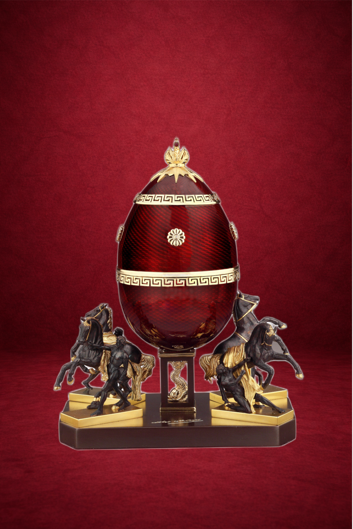 Anichkov Egg creation by Theo Fabergé featuring gold, enamel and gemstone craftsmanship inspired by the Fabergé tradition.