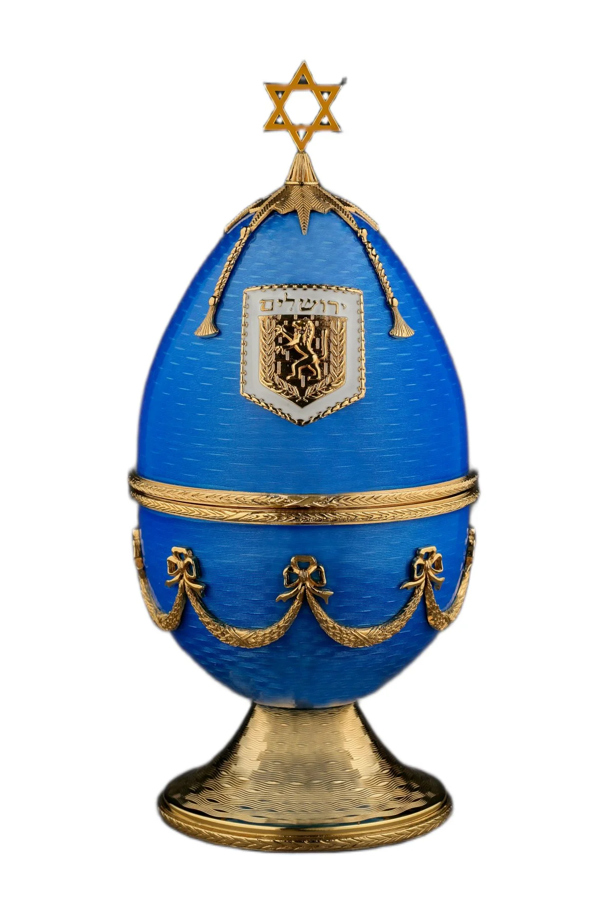 Anniversary egg creation by Theo Fabergé celebrating Fabergé heritage with handcrafted gold, enamel and gemstone decoration.
